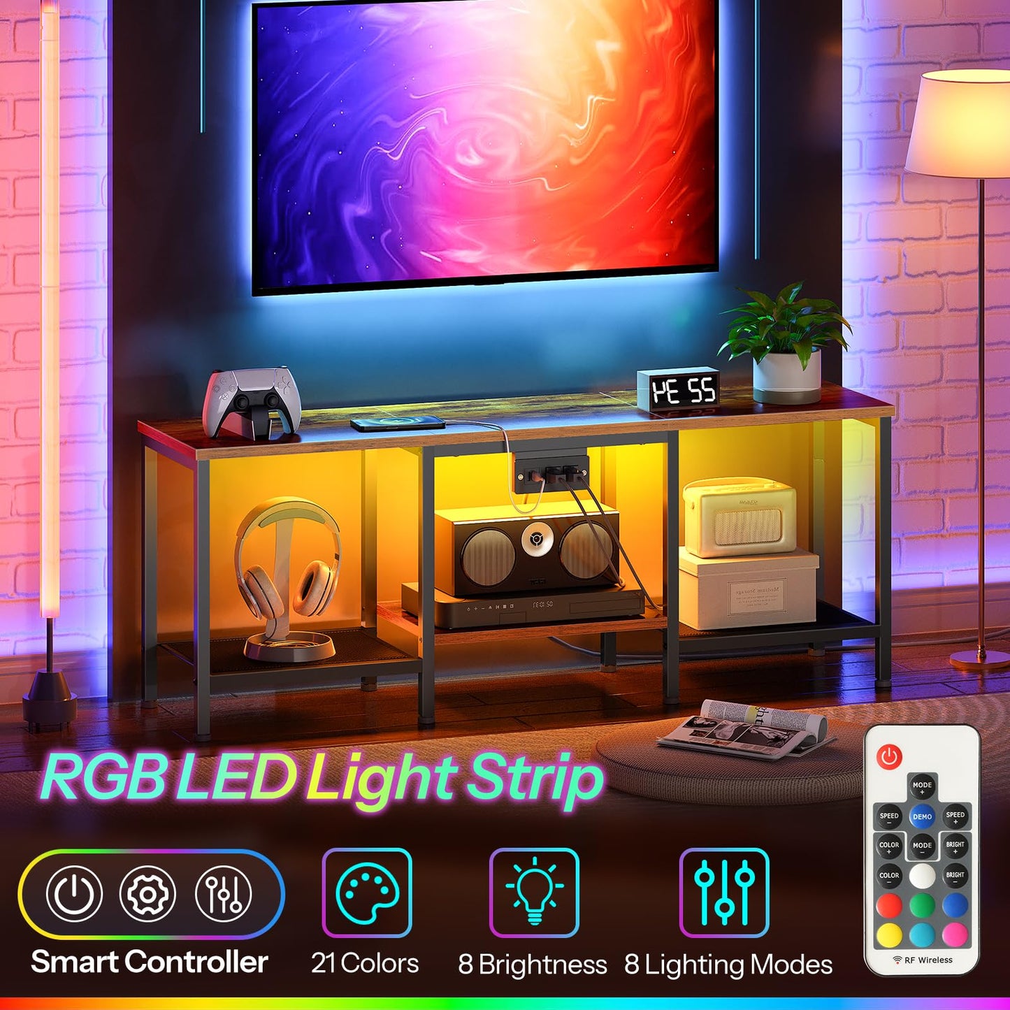 HOOBRO TV Stand with Charging Station to 55 Inches, LED Entertainment Center, Media TV Console Table with Open Storage Shelving for Living Room, Bedroom, Rustic Brown and Black BF122UDDS01