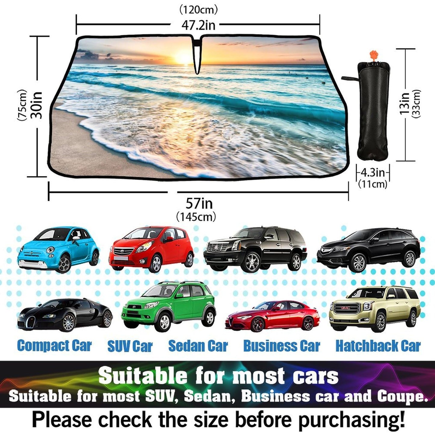 Socira Beach Sun Shade Car Windshield Umbrella Beach Sunshade for Window Shades Windshield Sun Shade Umbrella Beach Car Accessories Fits Most Trucks & SUVs 57'' x 30''