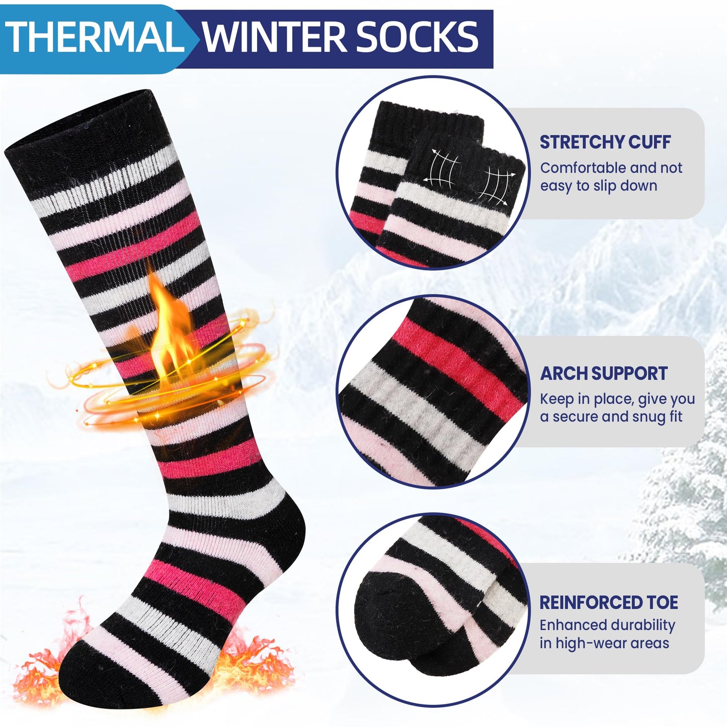 Kids Ski Socks Merino Wool Winter Warm Thermal Hiking Snowboarding Knee High Heavy Boot Socks for Toddler Boys Girls 2 Pairs(Stripe-02, 8-12 Years)