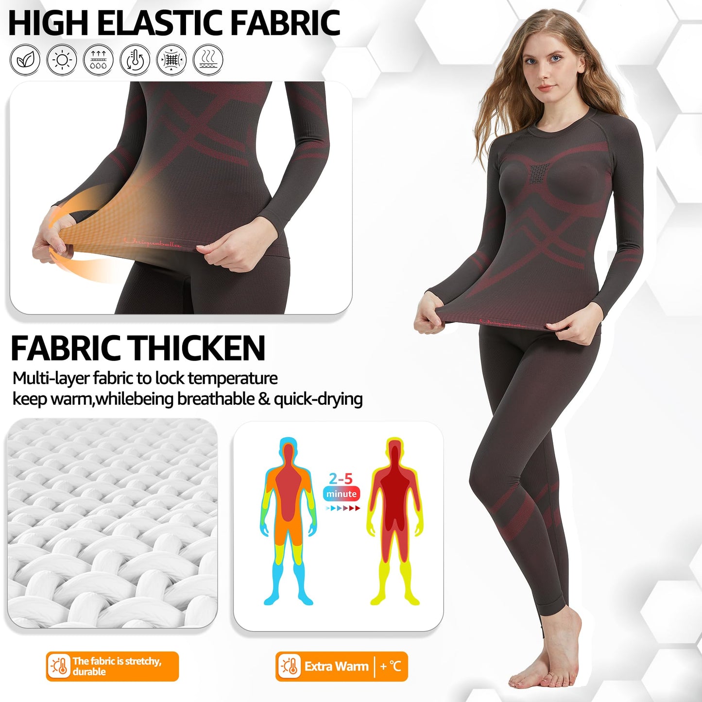 UNIQUEBELLA Womens Thermal Underwear Long Johns Base Layer for Women Ski Wear Ladies Compression Athletic Underwear Skins Set