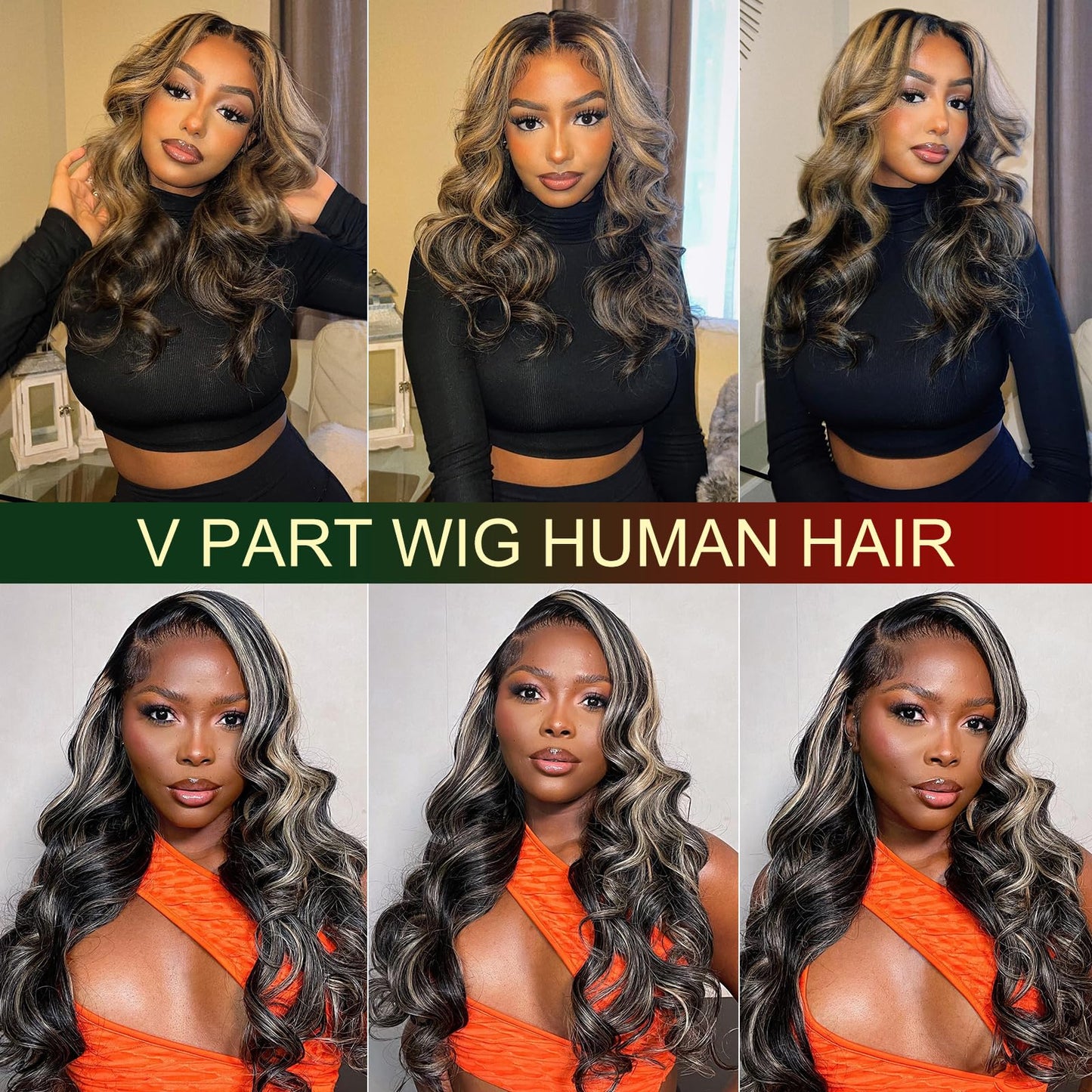 MEGALOOK V Part Wig Human Hair Highlight Wig Upgrade U Part Wigs for Black Women Human Hair Body Wave Human Hair Wig 180% Density No Glue No Sew In No Leave Out Beginner Friendly Half Wig 18 Inch