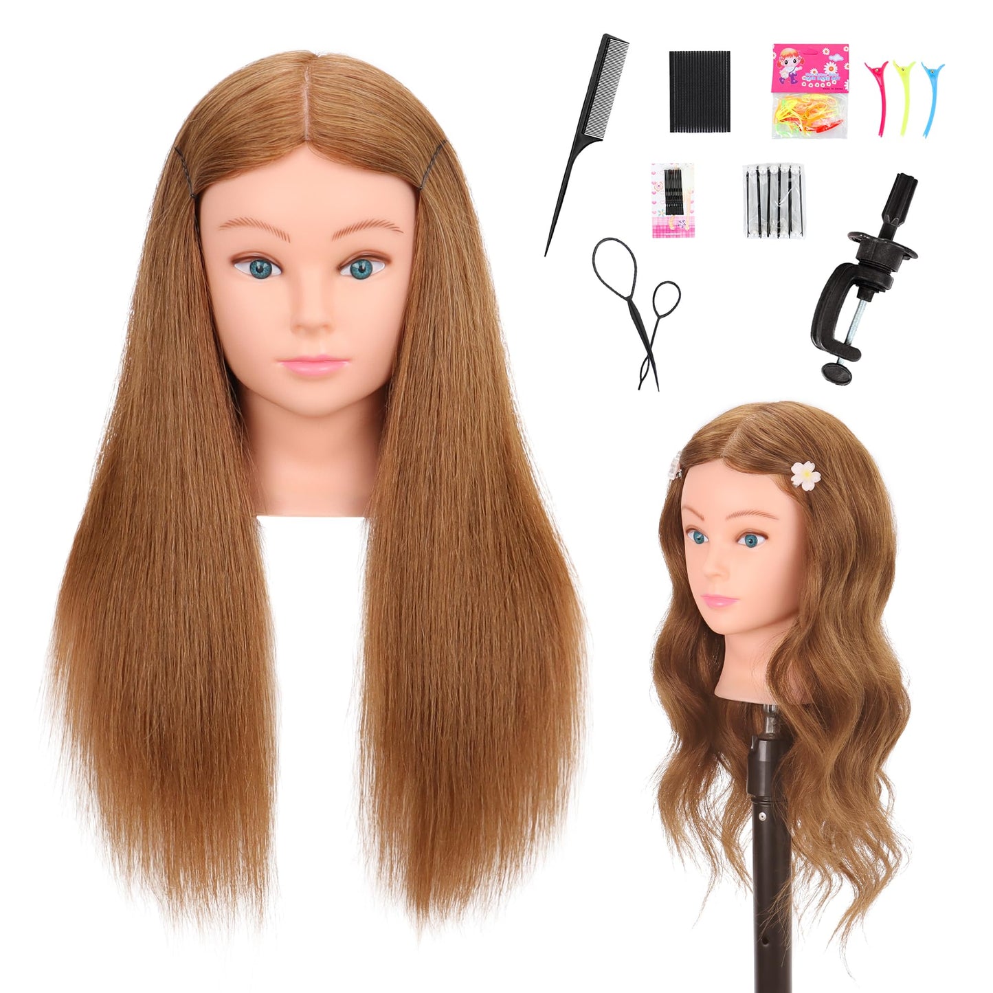 Mannequin Head Human Hair 22"-24" Female 100% Human Hair Mannequin Head Hair Styling Cosmetology Manikin Head Doll Head for Hairdresser with Free Clamp Holder and Tools