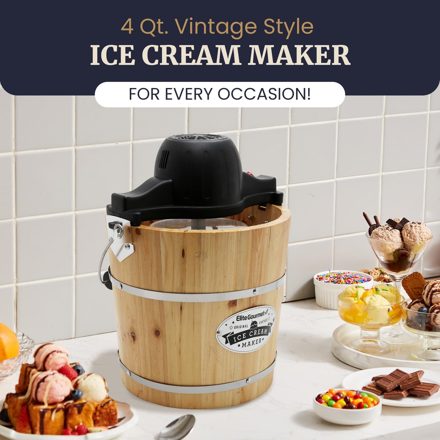 Elite Gourmet EIM402 Old Fashioned 4 Quart Vintage Wood Bucket Electric Ice Cream Maker Machine, Bonus Classic Die-Cast Hand Crank for Churning, Uses Ice and Rock Salt Churns Ice Cream in Minutes