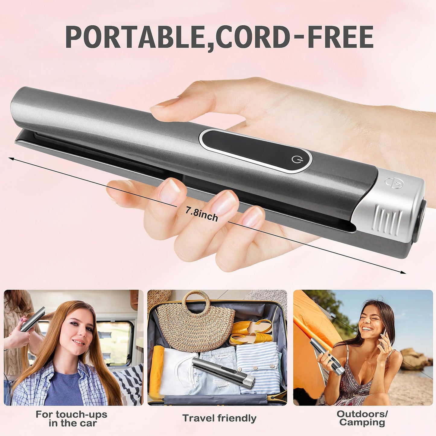 Cordless Hair Straightener and Curler, 2 in 1 Portable Mini Flat Iron & Curling, Fast Heating & Titanium Plate Straightener Curling Iron with 3 Adjustable Temp, LCD Temp Display