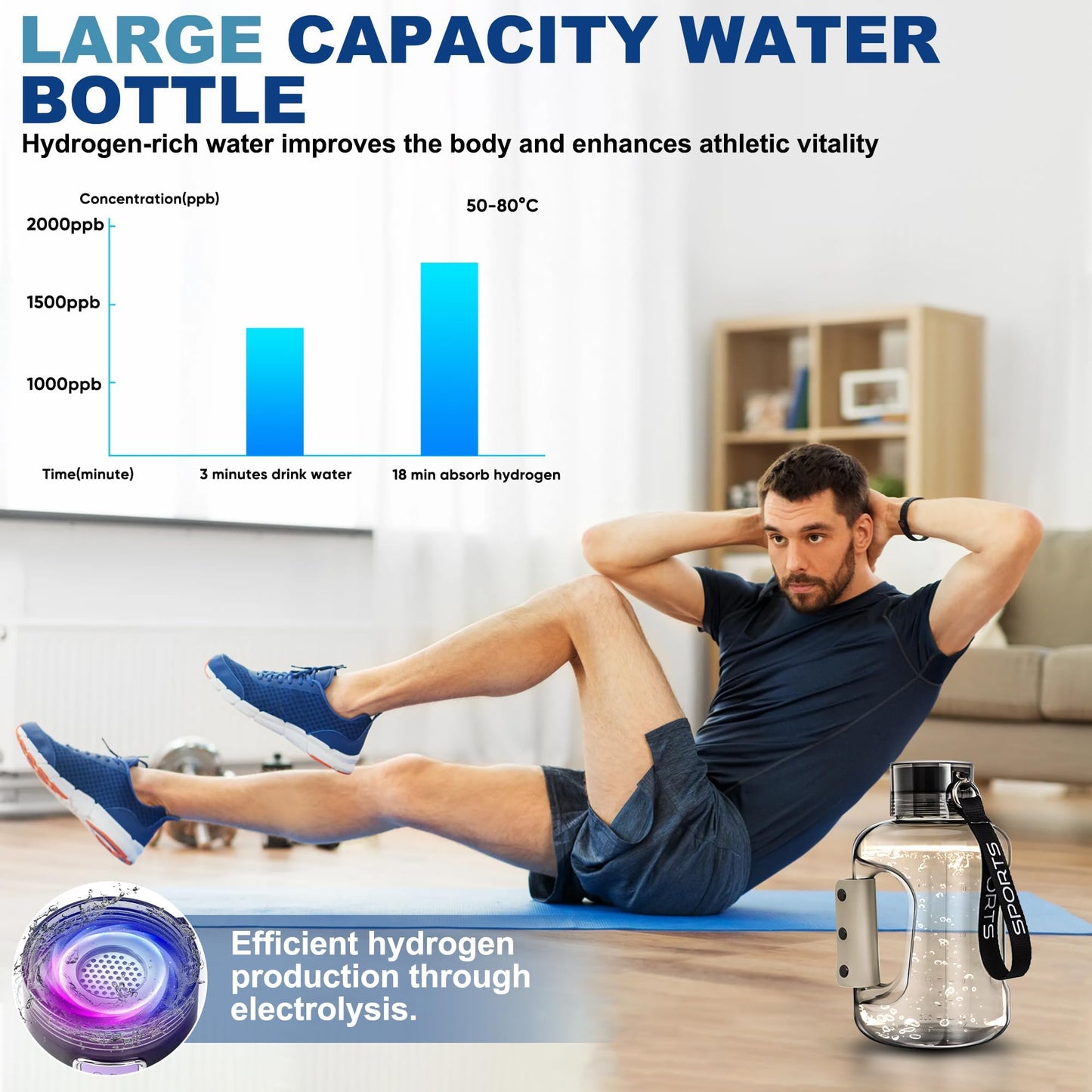 Hydrogen Water Bottle, 50.7oz/1.5L Large Hydrogen Water Bottle Generator, Ion Bottle Improve Water Quality in 3 Minutes, Water Ionizer Machine Suitable for Travel and Fitness Drinking(Black)