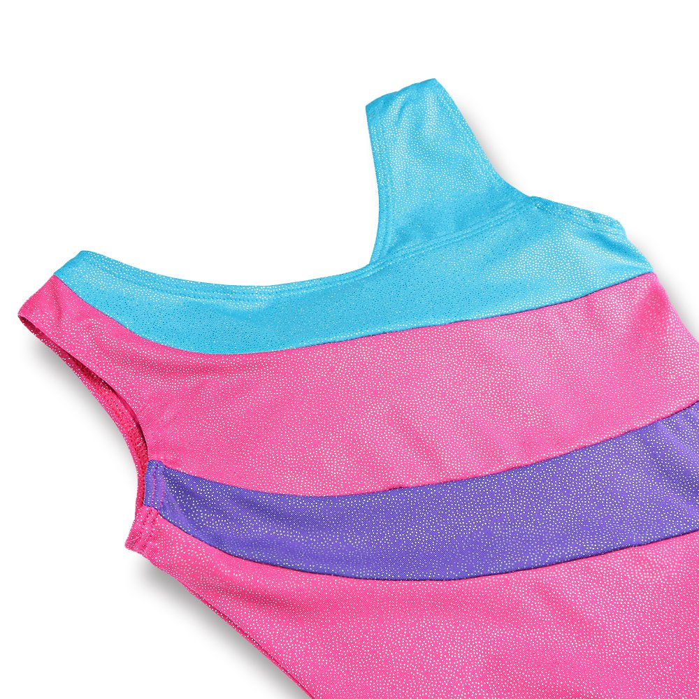 HOZIY Gymnastics Leotard for Girls With Shorts Size 6-7 Years Old Shiny Blue Stripe Pink