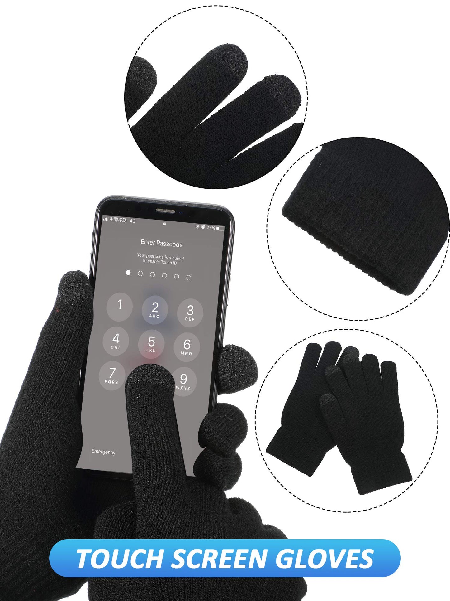 SATINIOR 4 Pack Winter Warm Knitted Set Unisex Beanie Hat Circle Loop Scarf Touchscreen Gloves and Earmuffs (Black), Medium