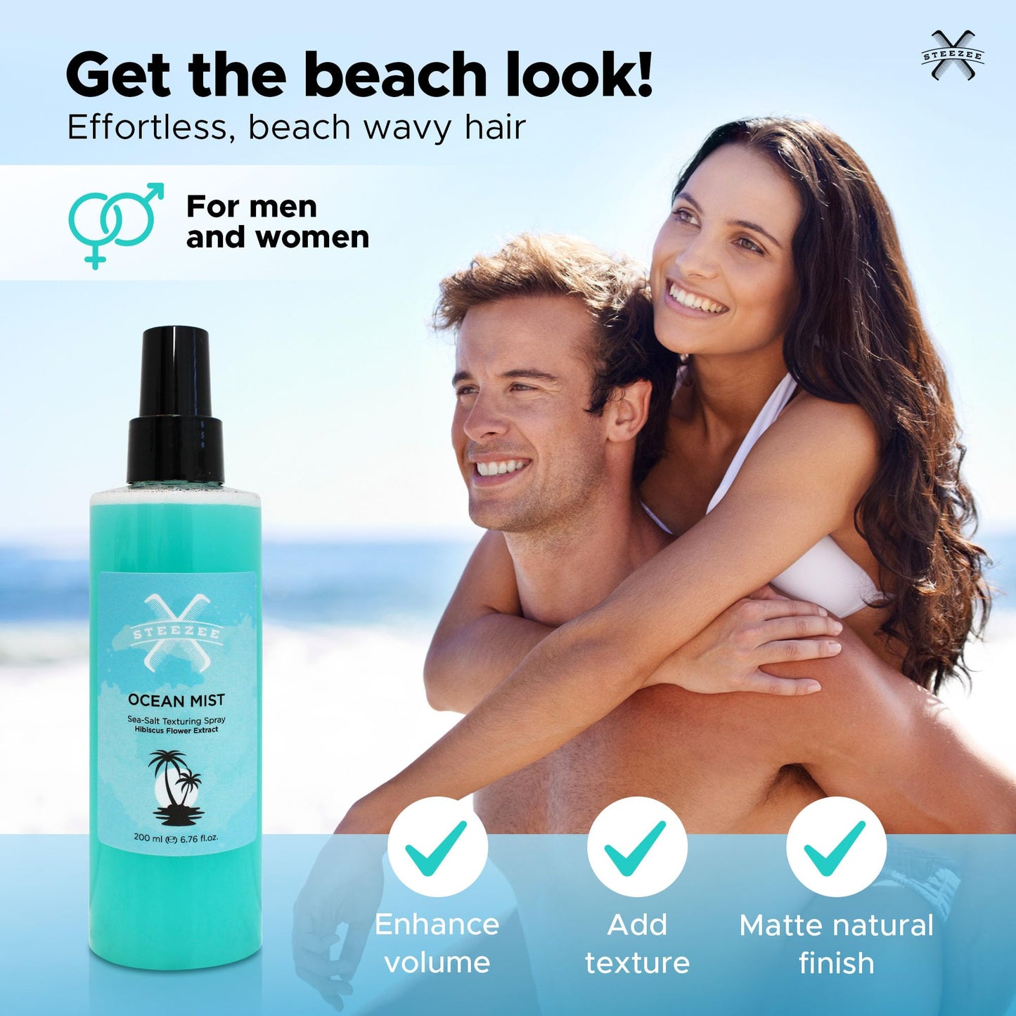 Steezee Ocean Mist Natural Sea Salt Spray for Hair Men & Women, Natural Beach Waves, Volumizing Hair Texturizer, Lightweight, 6.76 oz