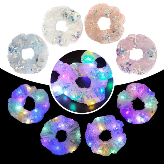 4 Pcs Light Up Hair Accessories for Girls Women, Sparkly Sequins Hair Scrunchies, Multi Light Modes LED Hair Tie for Movie Night Supplies, Glow in The Dark Scrunchies for Rave Neon Slumber Party