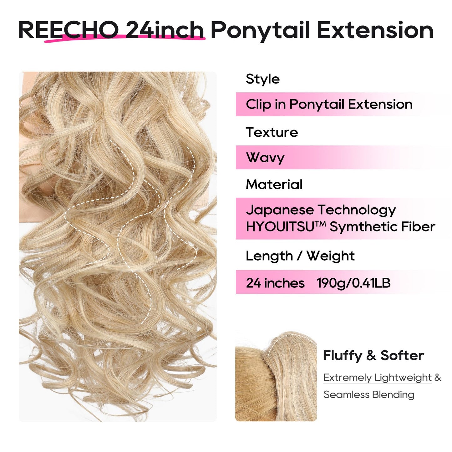 REECHO Ponytail Extension, 24" Claw Clip in Long Curly Wavy Ponytail Hair Extension Jaw Clip on Pony Tails Hairpiece for Women - Medium Blonde with Pale Highlights