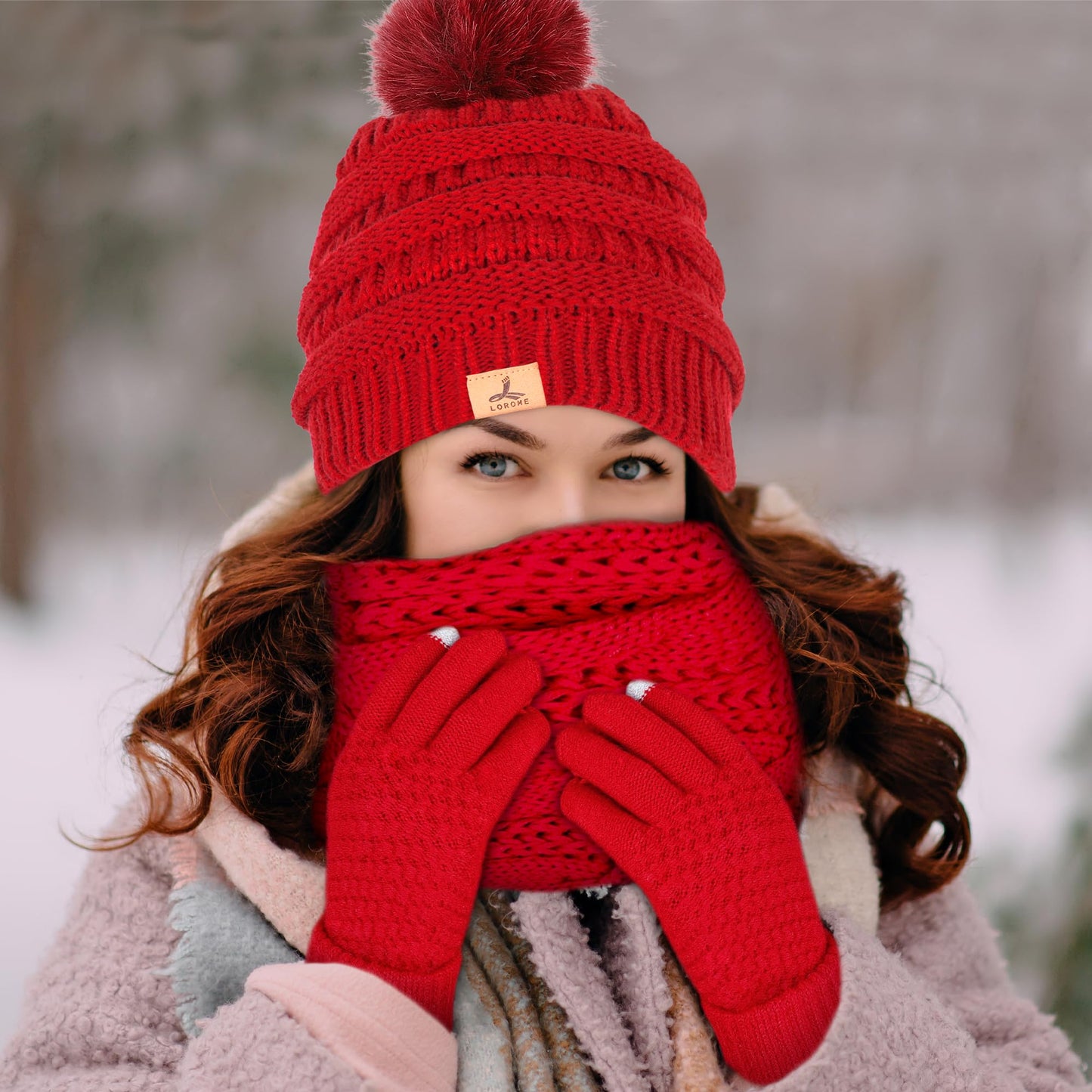 Winter Hat Scarf Gloves and Face Mask, Warm Knit Beanie Pompom Hat Touchscreen Gloves Set Gifts Circle Scarves for Women…