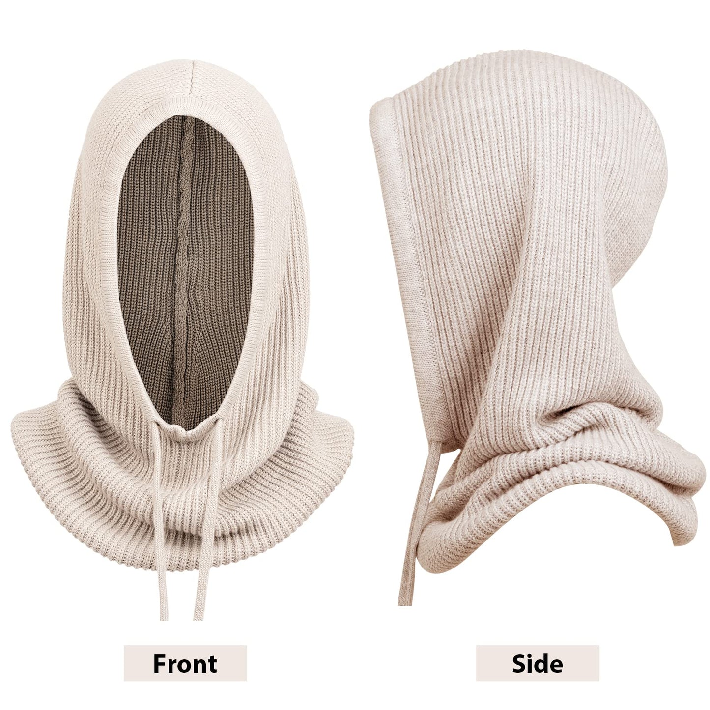 Hooded Scarf Hat Knit Balaclava Women Beanie Skull Cap with Drawstring Warm Winter Hats for Women Men Outdoor Sports