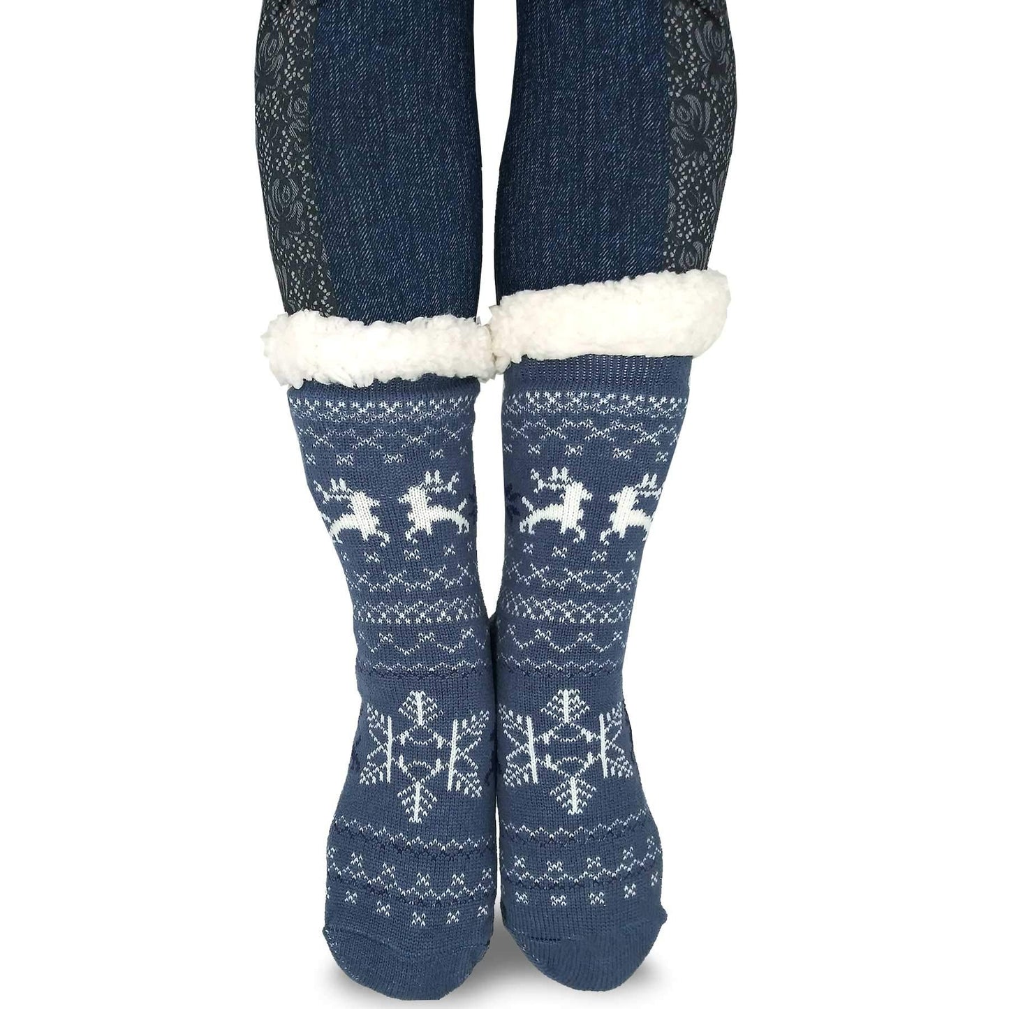 Thick Winter Warm Heat Double Layer Thermal Crew Women's Socks 3 Pairs Deer Snowflake Pattern Pink Blue Grey 9-11 Non-Slip Bottoms