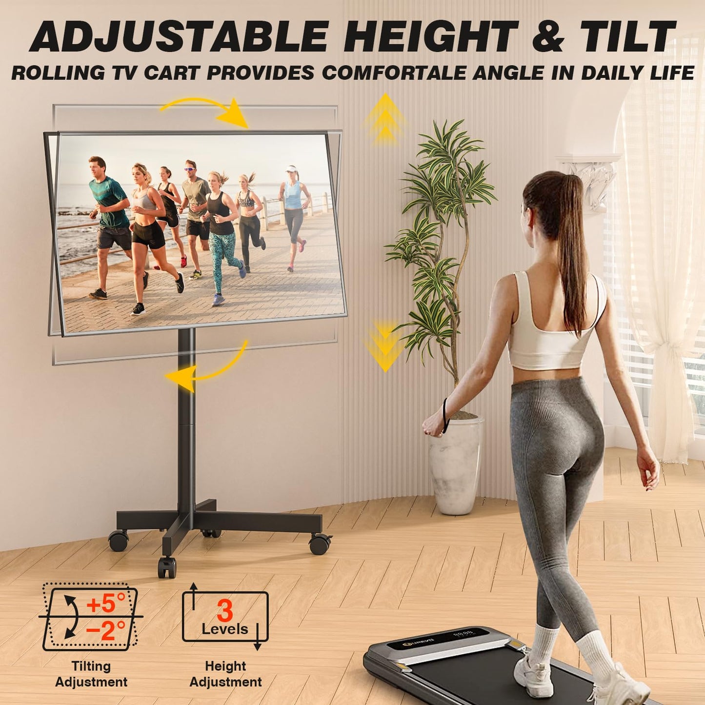 5Rcom Strong Tall Rolling TV Stand for 23-65 Inch TVs up to 88 lbs, Height Adjustable &Tilt Mobile TV Cart for Optimal Viewing Angle, Portable TV Stand with Locking Silent Wheels for Home and Outdoor