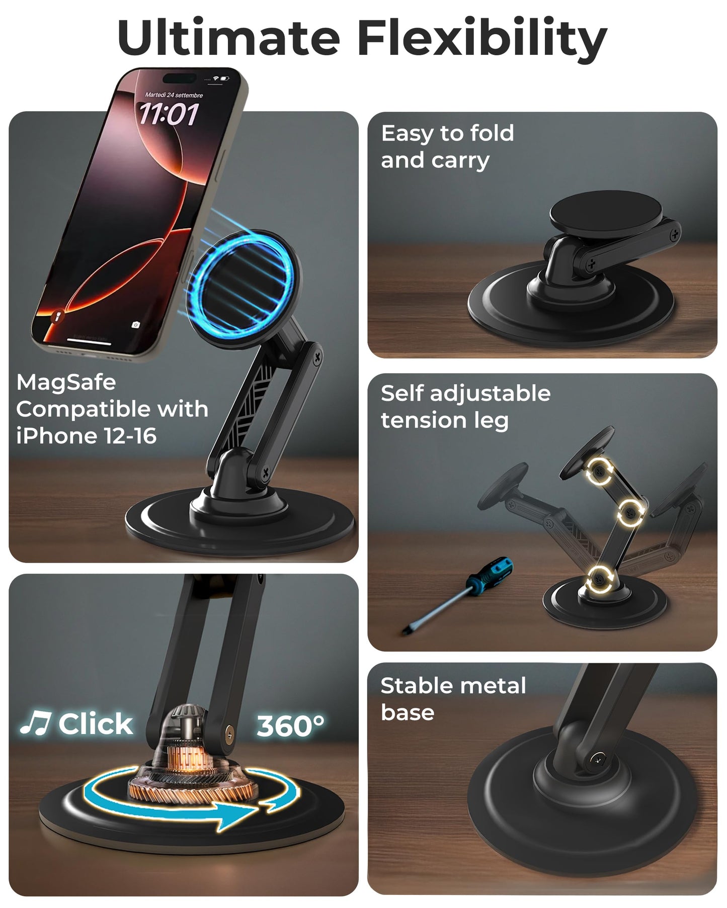 COOPER Magnetic Phone Stand for Desk, Mag360 Adjustable MagSafe Stand for iPhone 16 Pro Max, 15 14 13 12 & Plus | 360° MagSafe Phone Holder, Strong Magnetic Mag Safe, Foldable 3-Axis Leg (Black)