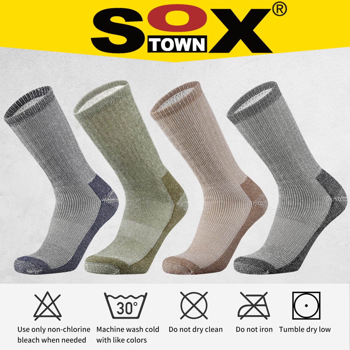 SOX TOWN Men's Merino Wool Cushion Crew Socks Moisture Wicking Control for Outdoor Hiking Work Boot Thermal Warm All Seasons(Black M)