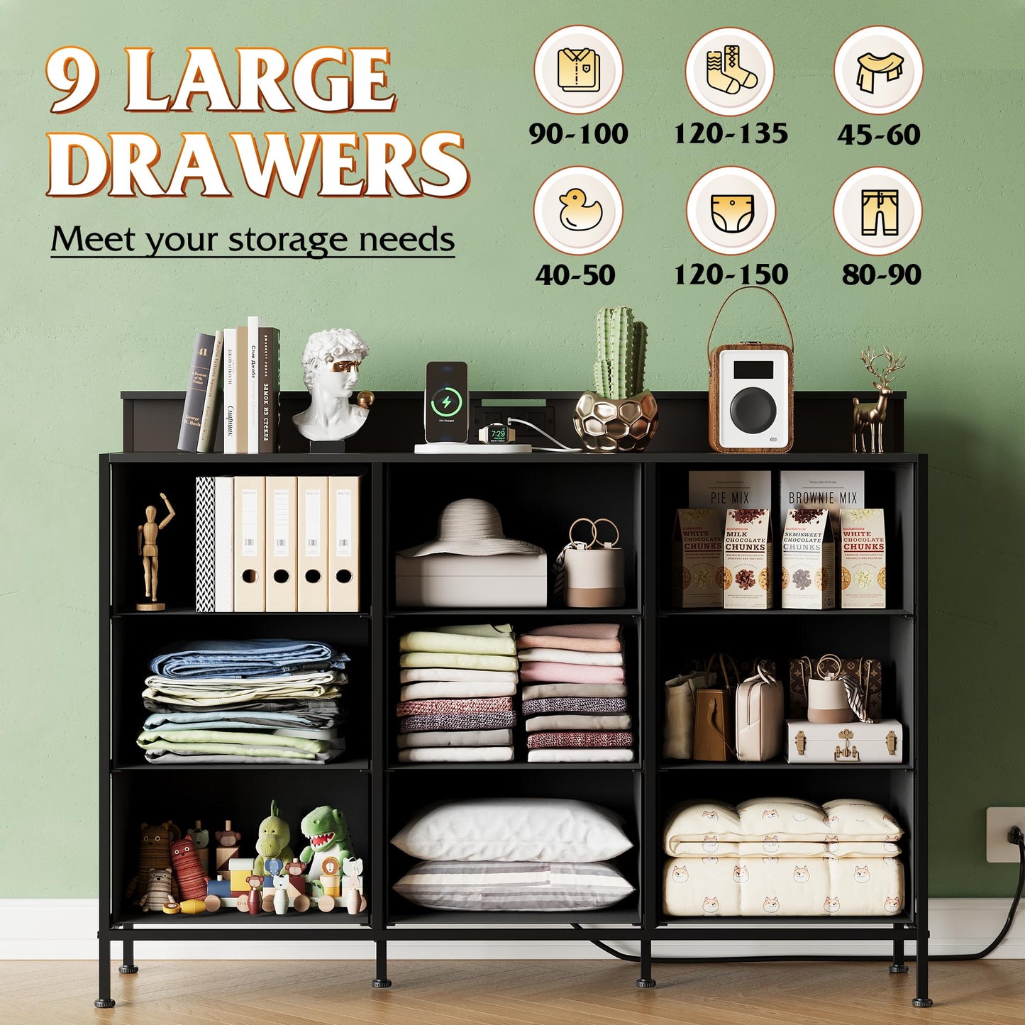 WLIVE Black Dresser TV Stand for 50, 55 inch, Led Dresser for Bedroom, Chest of Drawers with LED Lights, Charging Station, Clothes Storage with 9 Drawers, Wood Top, Living Room, Closet