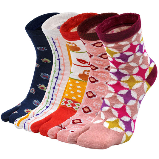 Hellomamma Women's Tabi Flip Flop Socks Two Toe Split Athletic Cotton Colorful Ankle Sock 5pairs