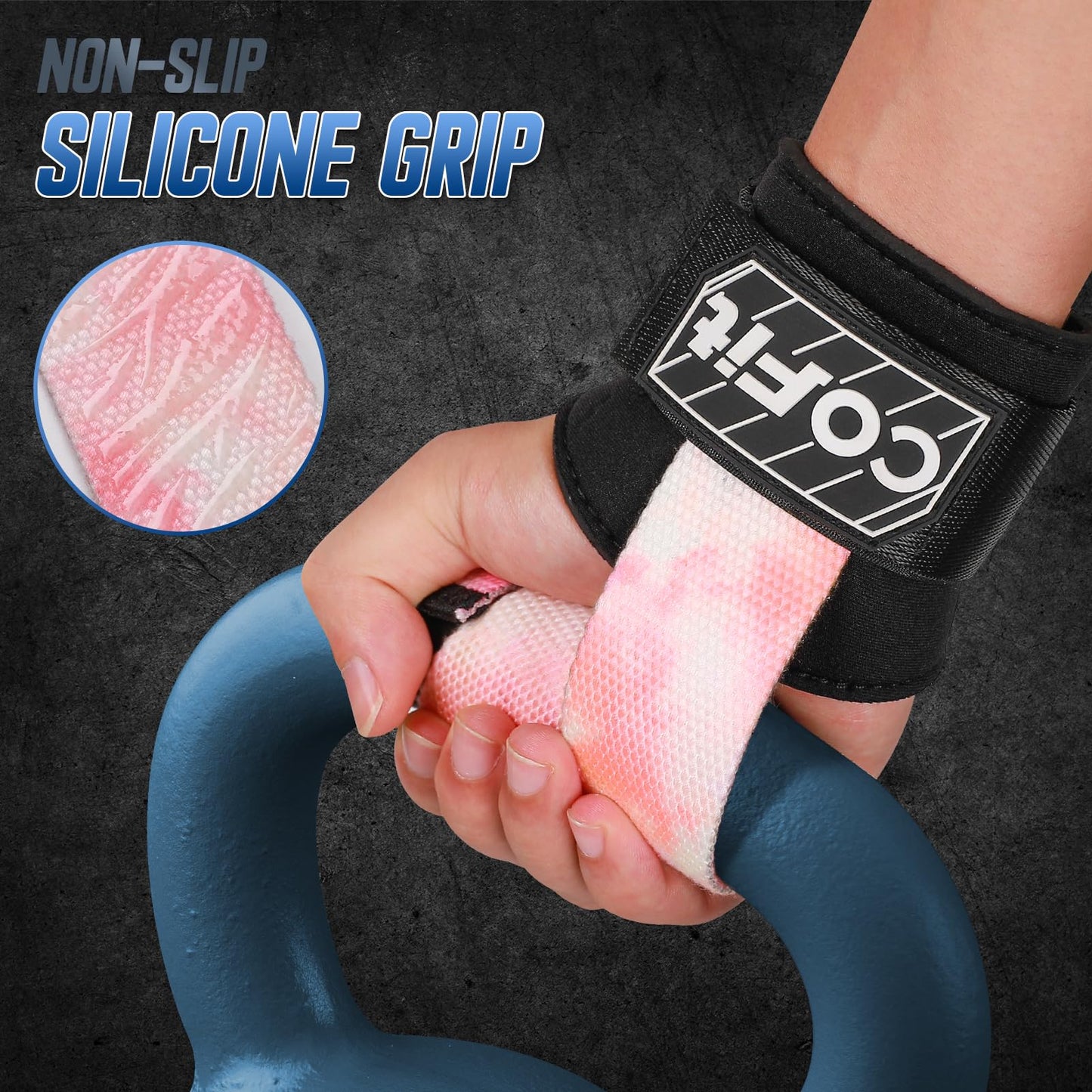 COFIT Workout Lifting Straps, Heavy Duty Weightlifting Wrist Straps with Extensive Cotton Padding Area, Enhanced Grip for Deadlifts, Powerlifting, Pull-Ups, Strength Training - Colorful Pink