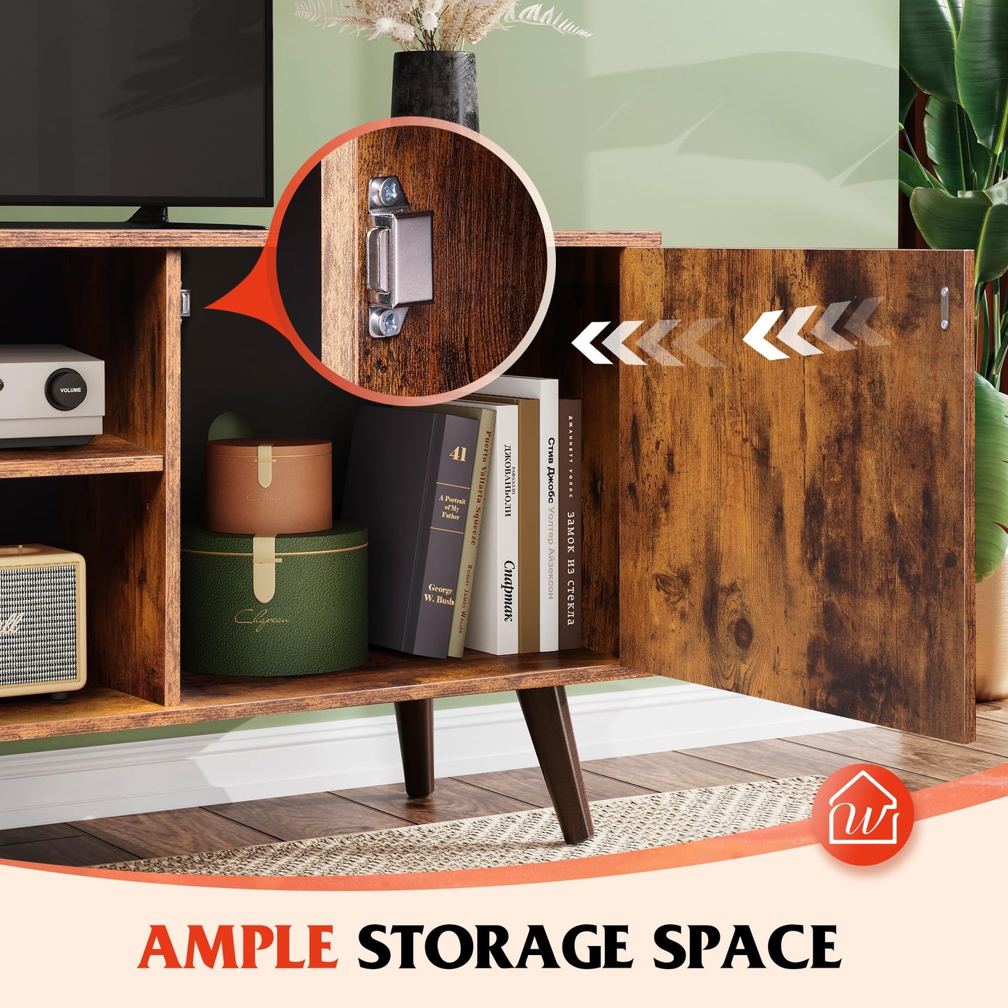 WLIVE TV Stand for 55 Inch TVs, Entertainment Center with Storage Cabinet, Mid-Century TV Stands for Living Room and Bedroom, 50" TV Console, Brown