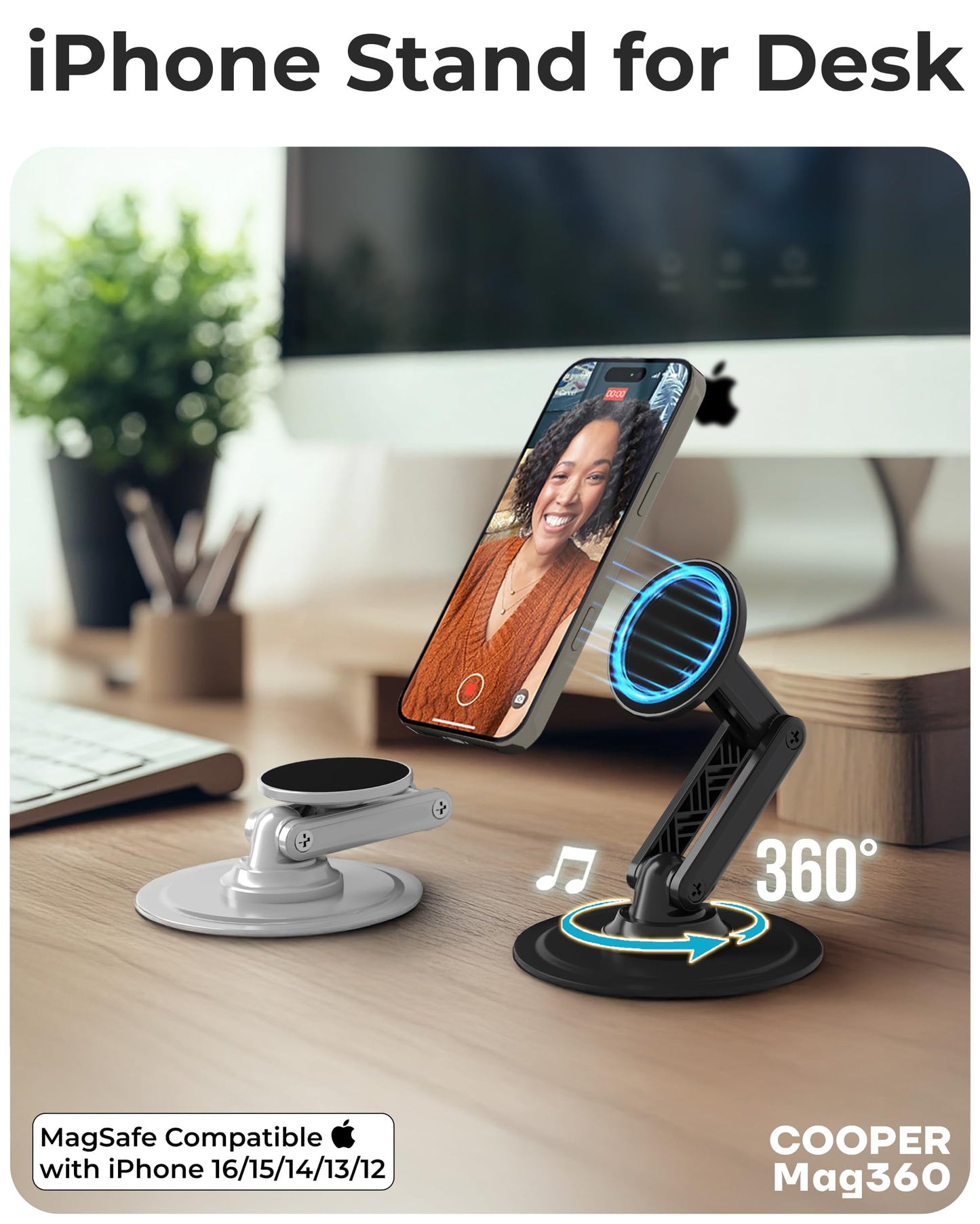 COOPER Magnetic Phone Stand for Desk, Mag360 Adjustable MagSafe Stand for iPhone 16 Pro Max, 15 14 13 12 & Plus | 360° MagSafe Phone Holder, Strong Magnetic Mag Safe, Foldable 3-Axis Leg (Black)