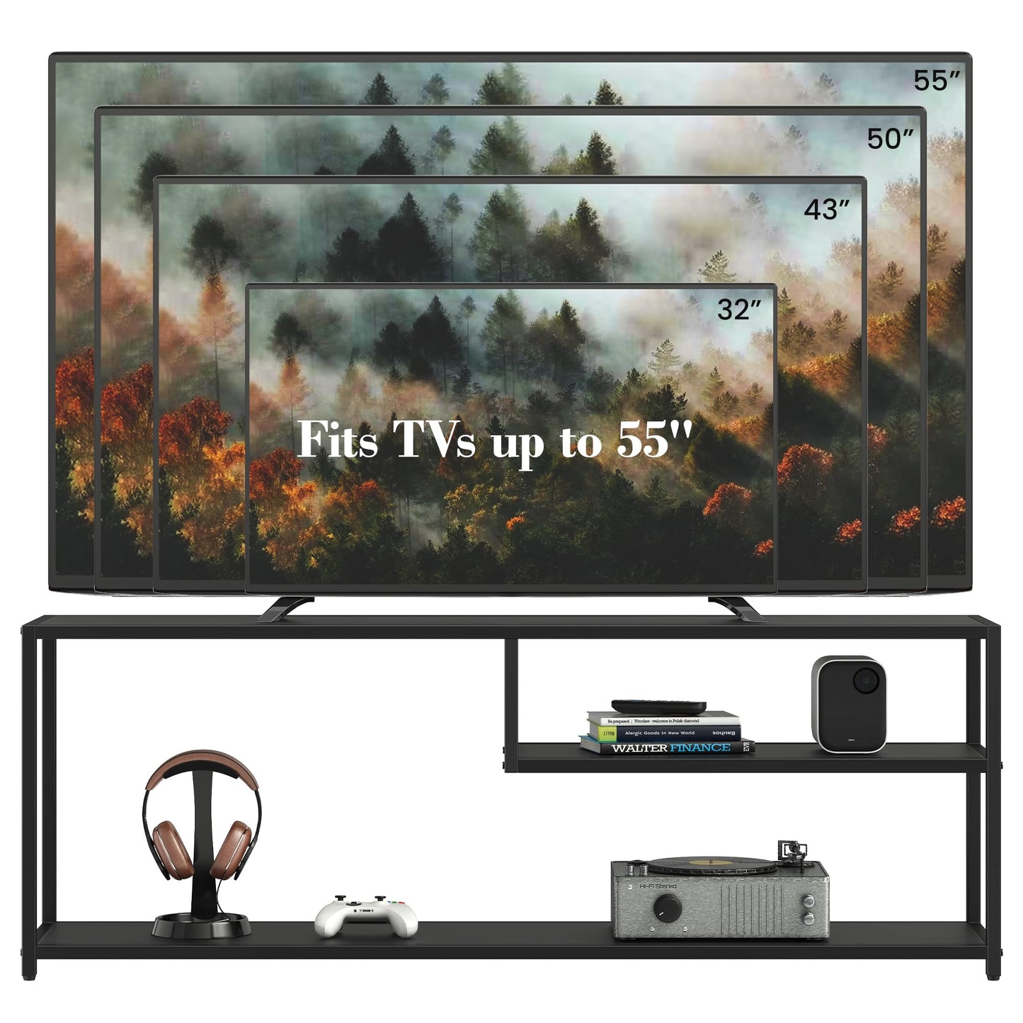 TECHMILLY Modern TV Stand for 55" TV, TV Table with Storage Shelves, Entertainment Center with Metal Frame, TV Console Table for Living Room, Bedroom, Black