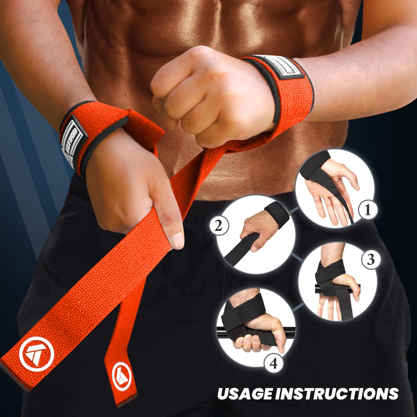 Detroy® Lifting Wrist Straps for Weightlifting, Deadlifts, Bodybuilding, Powerlifting, Gym Strength Training Workouts - Padded Neoprene with 24 inch Webbing Cotton with Silicone Grip for Men & Women (Orange)