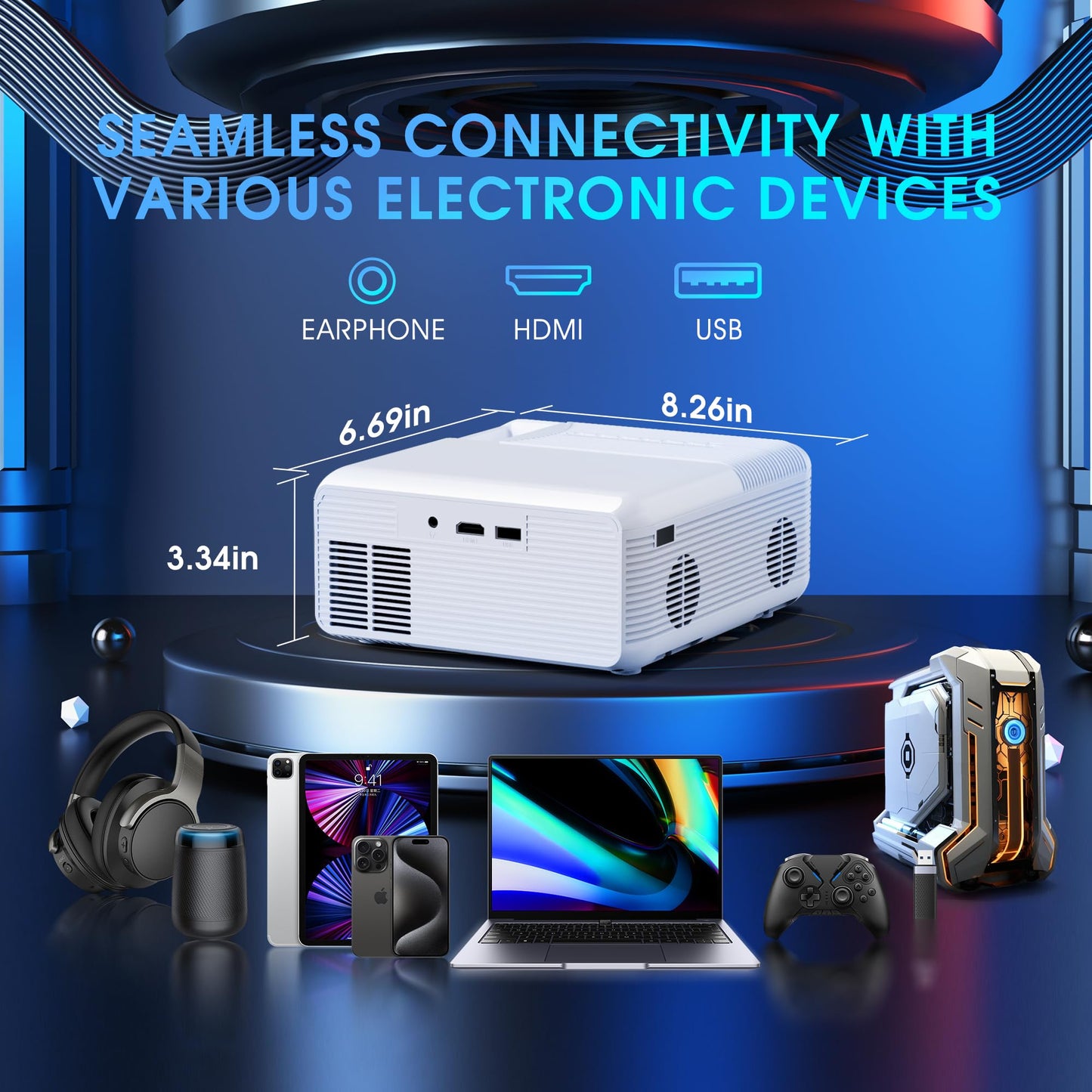 Mini Projector,4K Projector for Bedroom (Phone HDMI Cable And Stand Included),,200-Inch Large Screen, Compatible With Smartphones/TV Sticks/PS5/Laptops/PC/HDMI/USB, Indoor and Outdoor use