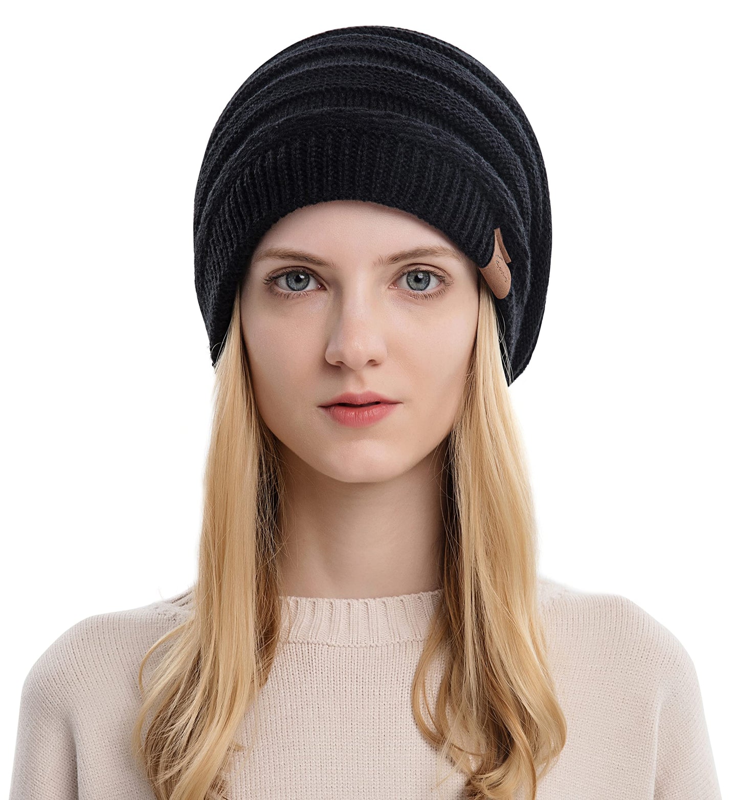 Muryobao Women's Slouchy Beanie Hat Winter Warm Fleece Lined Chunky Baggy Ski Cap Soft Strecth Oversized Cable Knit Hats Black