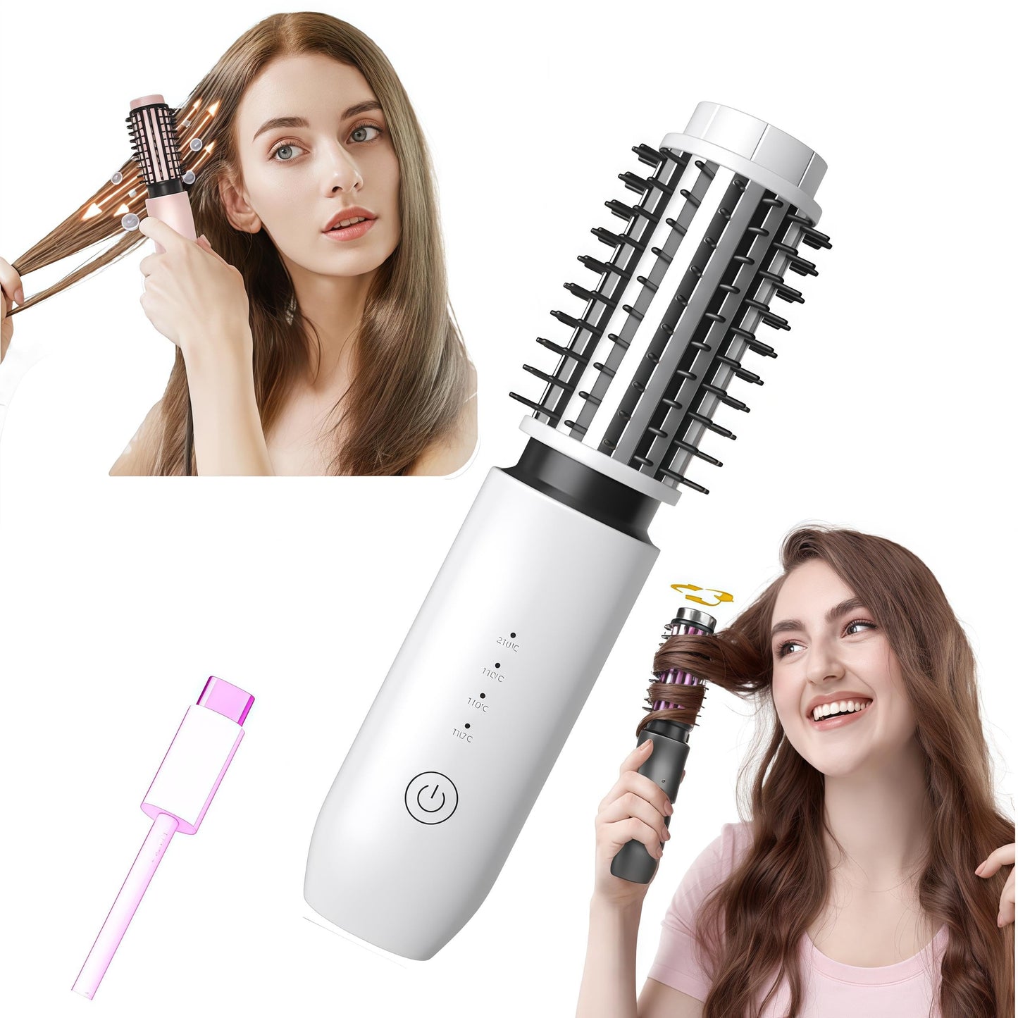 Satxtrem 2-in-1 Cordless Curling Iron & Straightener Brush,Heated Hair Styler with Needle Teeth Comb,USB-C Rechargeable,4 Temp,200M Ionic for Curls/Straightening/Smoothing (Women & Travel) (White)