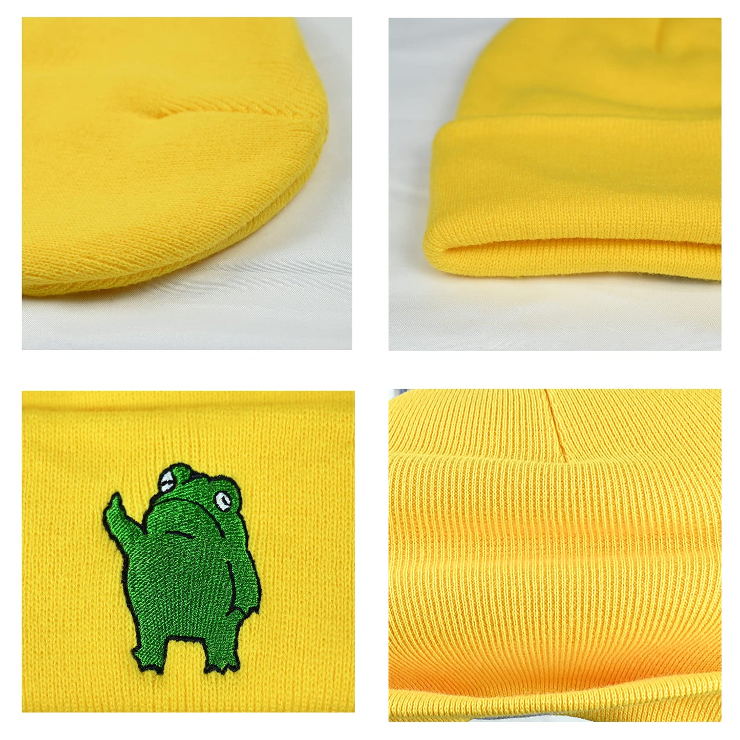 Ulikuwa Knit Cuffed Beanie Hat for Men Women, Funny Embroidered Unhappy Frog Acrylic Soft Warm Winter Hats, Yellow