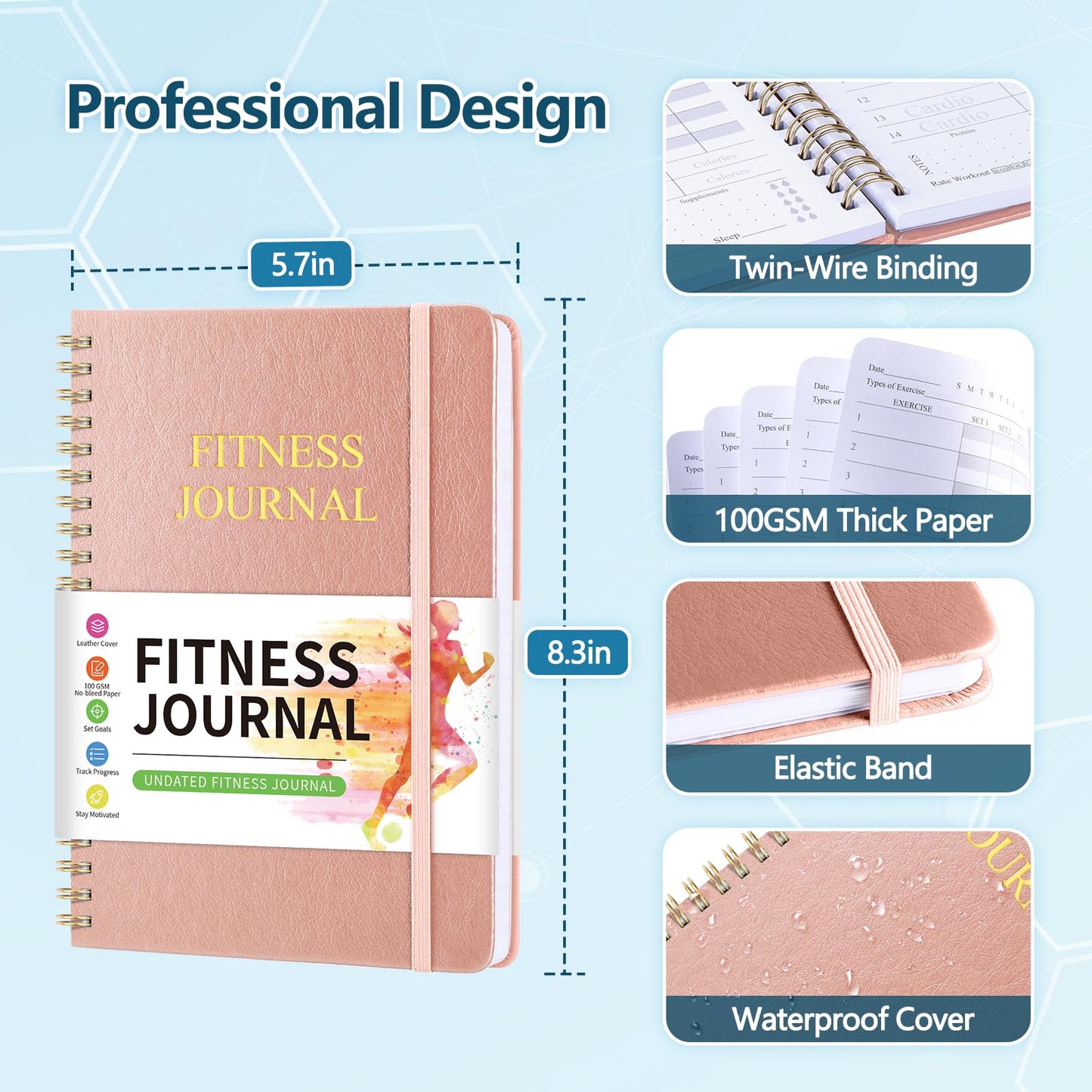 Fitness Journal Workout Journal for Women & Men, Hard Cover Leather Fitness Planner, Workout Log Book With Gym Goals, Calendar, Progress Tracker, A5-5.7" x 8.3" - Rose Gold