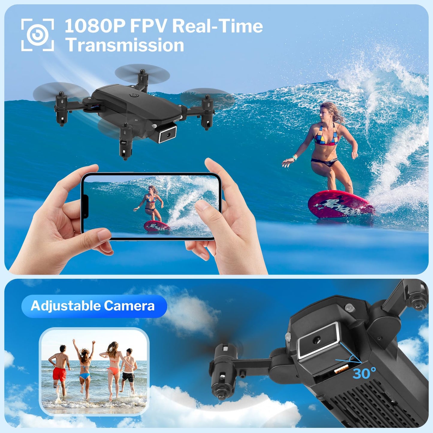 Foldable Mini Drone with HD Camera, Altitude Hold, One-Key Return, WiFi FPV, Headless Mode, Gesture Control, Path Flight, 360° Flips, and LED Lights for Kids and Beginners