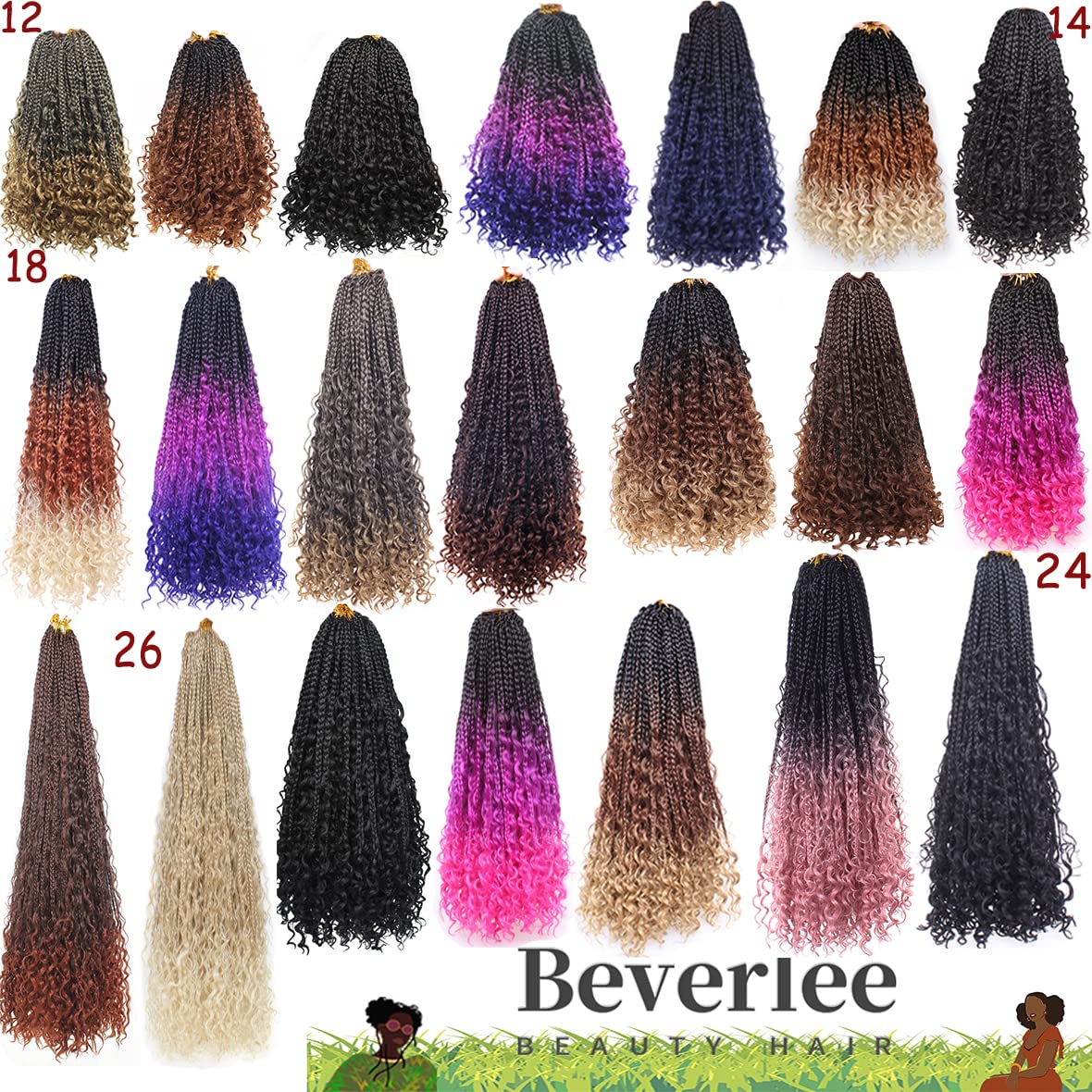 Beverlee 14 Inch 8 Packs Boho Box Braids Goddess Box Braids Crochet Hair Bohemian Hippie Braids Braiding Hair Box Braids with Curly Ends Messy Pre-looped Synthetic Crochet Hair for Black Women 128 Strands 1B/27#