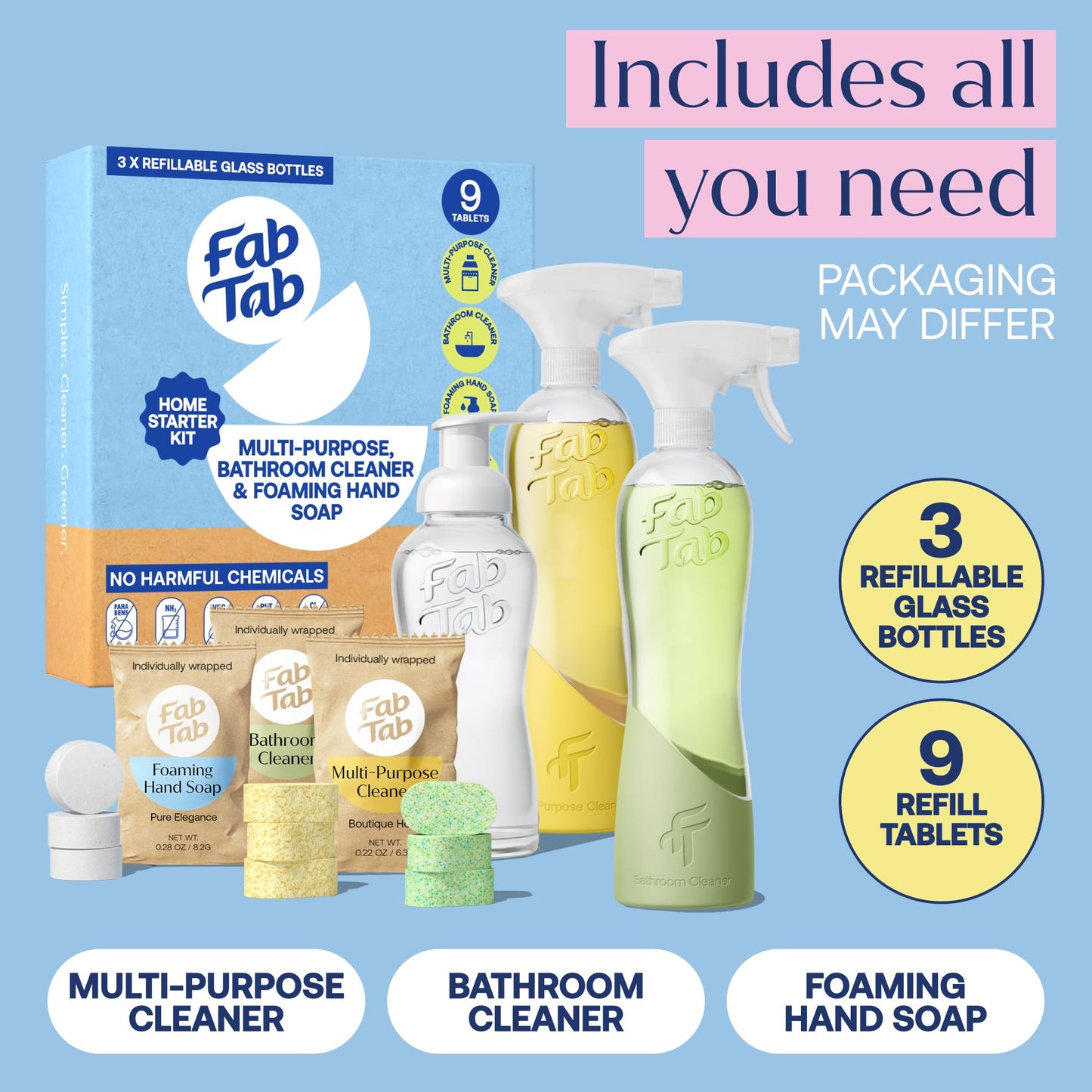Fab Tab Home Starter Kit - Natural Cleaning Products - Household Cleaners - All-Purpose Cleaner Tablets - Plant-Based, Plastic-Fee - No Harsh Chemicals | Cleaning Kit