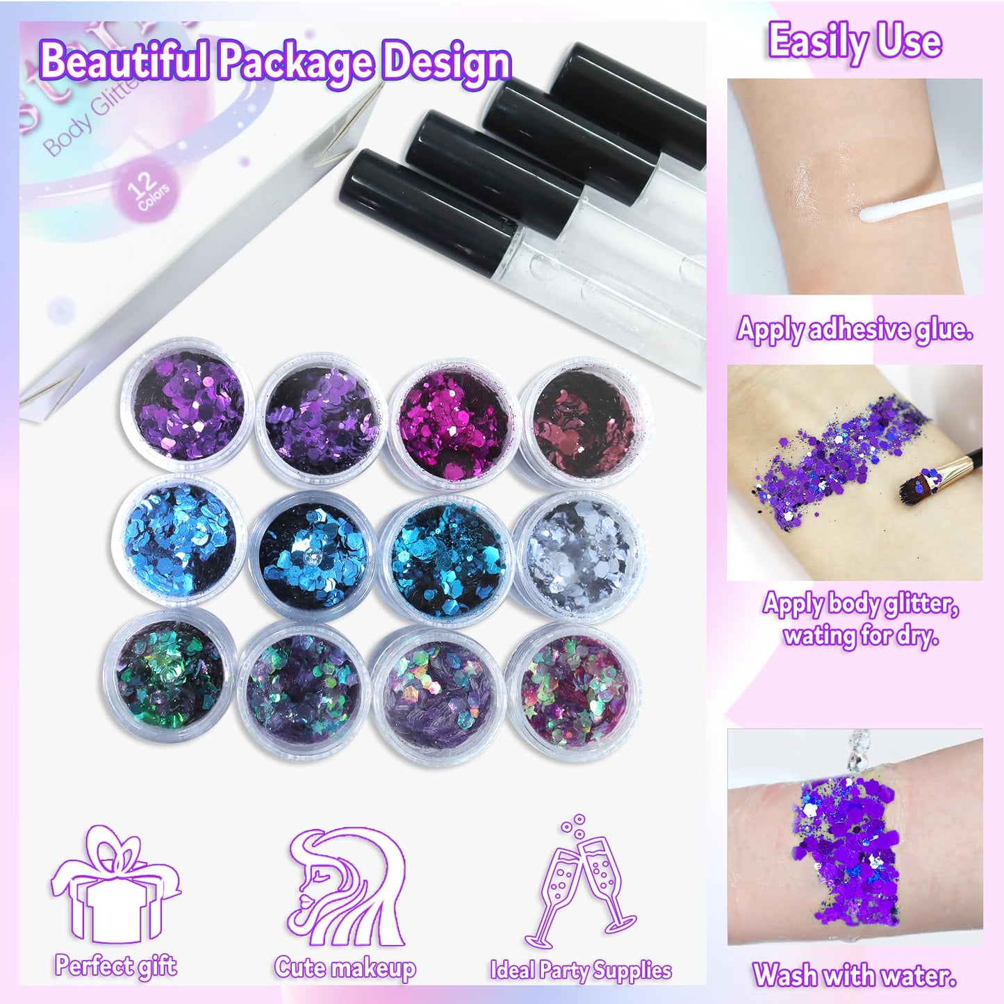 Allstarry Holographic Chunky Body Glitter 4 Colors Cosmetic Face Glitter Makeup Colorful Mermaid Sequins Hair Face Paint Sparkling Festival Outfits Rave Accessories for Women Makeup