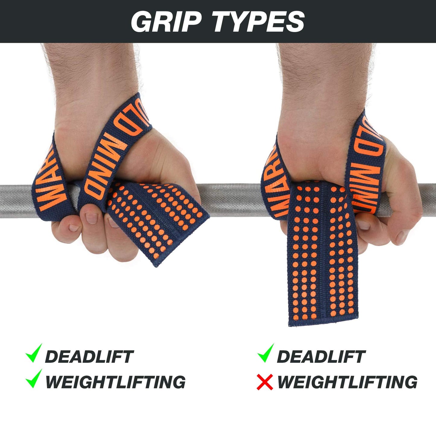 WARM BODY COLD MIND V1 Lifting Wrist Straps for Olympic Weightlifting, Powerlifting, Bodybuilding, Functional Strength Training, for Cross Training - Heavy-Duty Cotton Wrist Wraps, Pair (Blue/Orange)