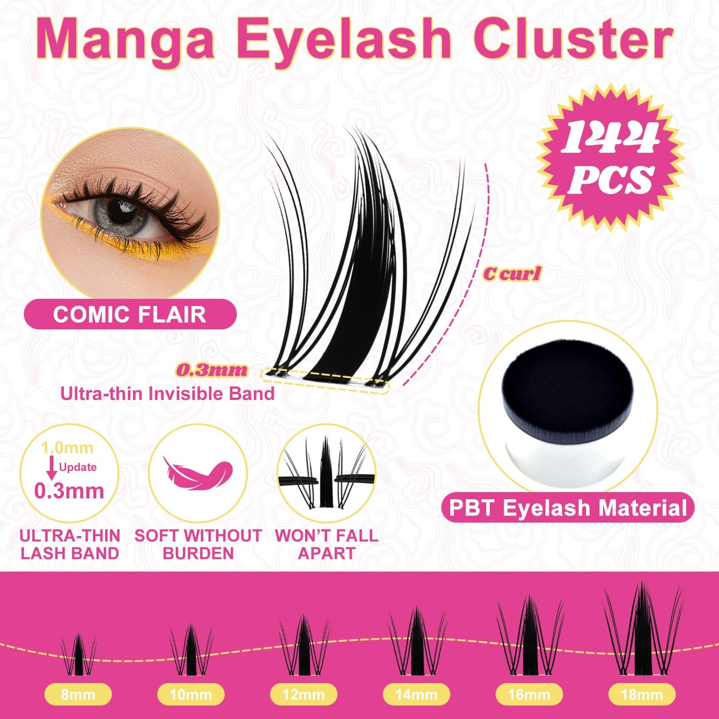 Fowendia Manga Lash Clusters Kit 8-18mm Fairy Eyelash Clusters DIY Lash Extension Kit Waterproof Anime Lashes Ultra-Thin Invisible Band 0.3mm Individual Cluster Eyelash Extensions, Wanna Be-Kit