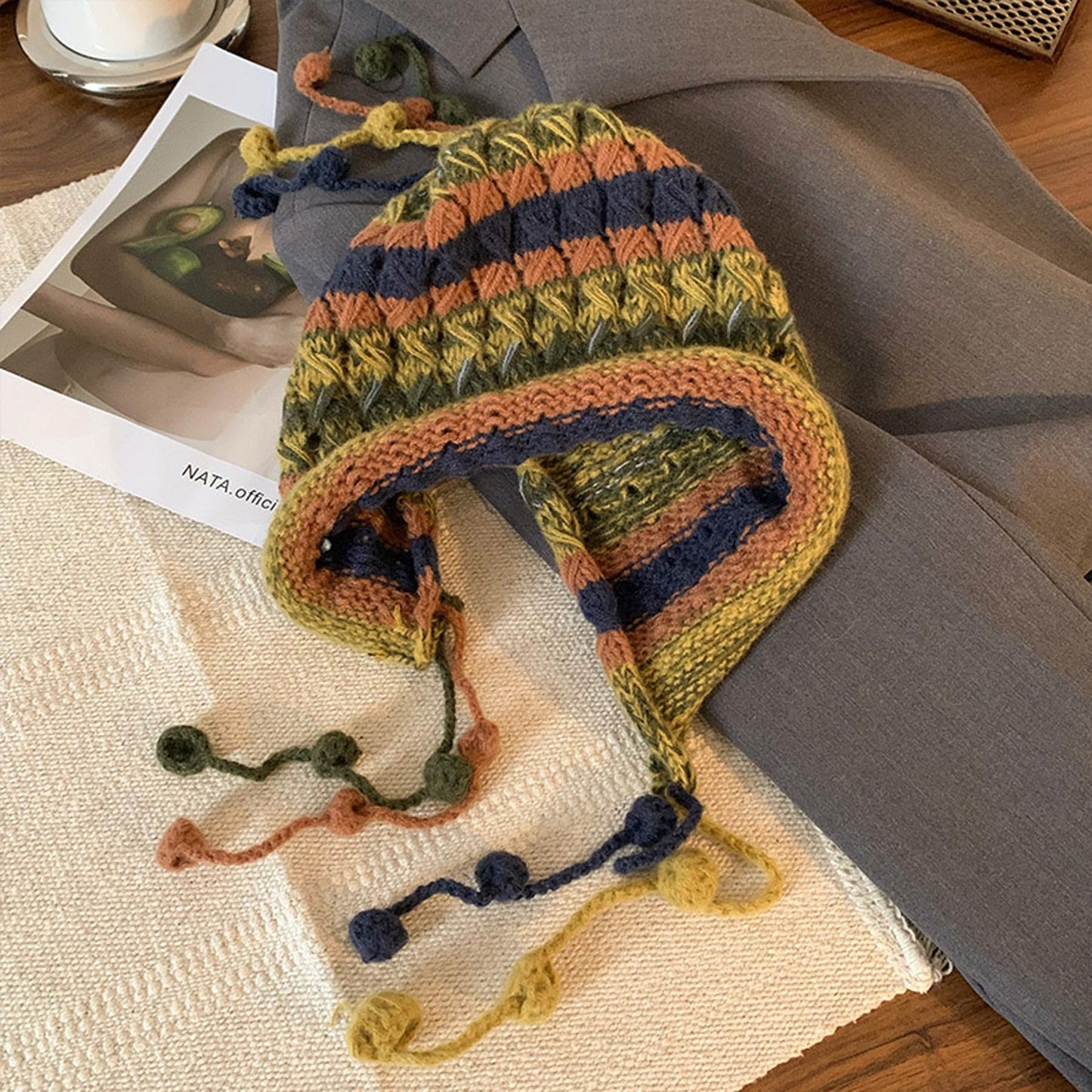 Gudzws Beanie Hat Women Cute Colorful Crochet Knit Cap Ear Flaps with Pom Pom (Yellow)