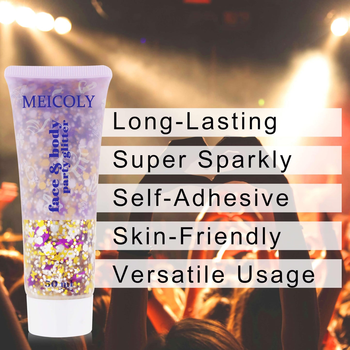 MEICOLY Face Glitter Makeup for Music Festival,Country Concert Outfits for Women,Gold Silver Purple Body Glitter,Music Festival Country Concert Accessories,Glitter Face Paint for Music Festival,50ml