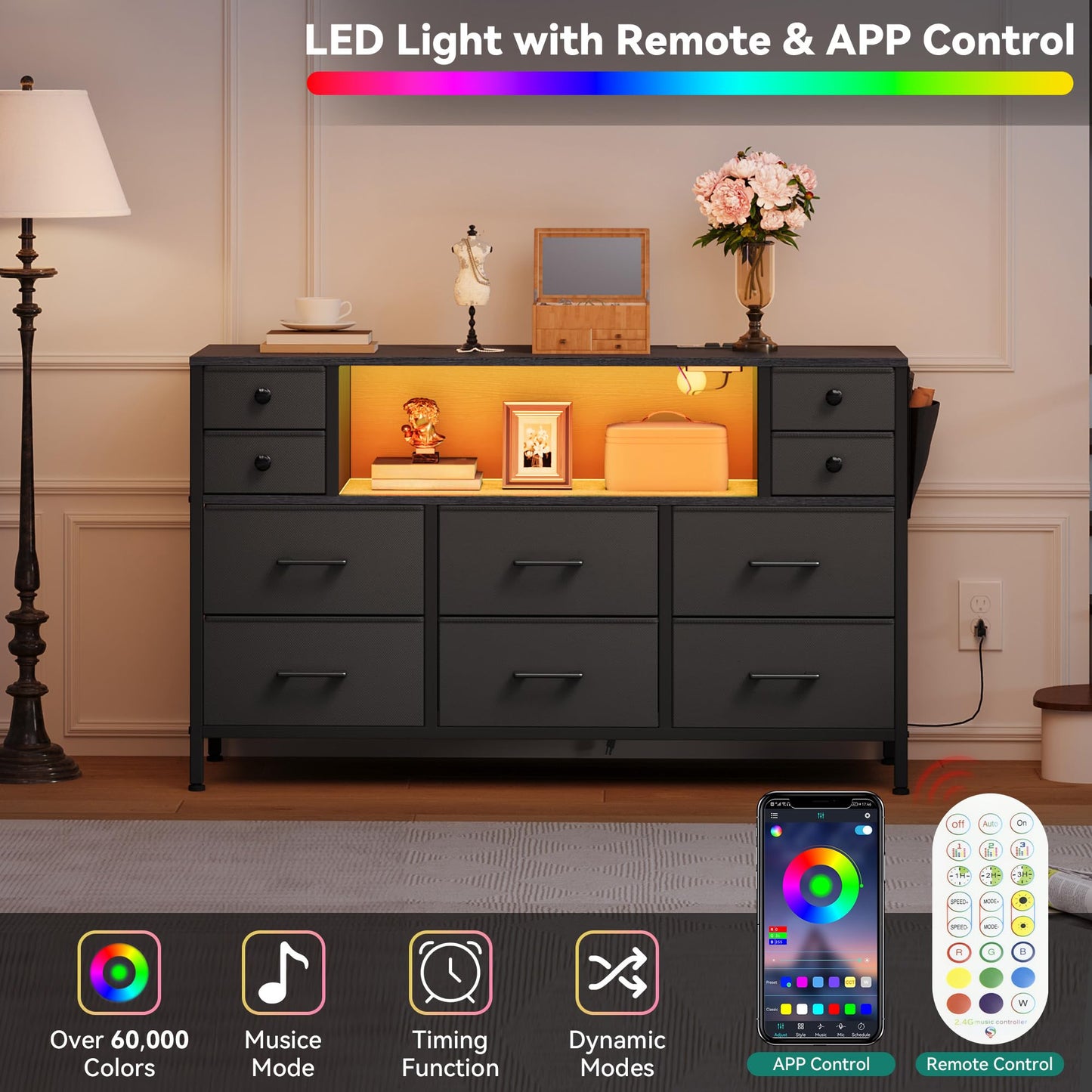 YITAHOME TV Stand with Charging Station, Dresser TV Stand for 55'', 10 Drawer Dresser for Room, Media TV Console Table with Side Pockets & Hooks, Storage Fabric Drawer Unit for Room