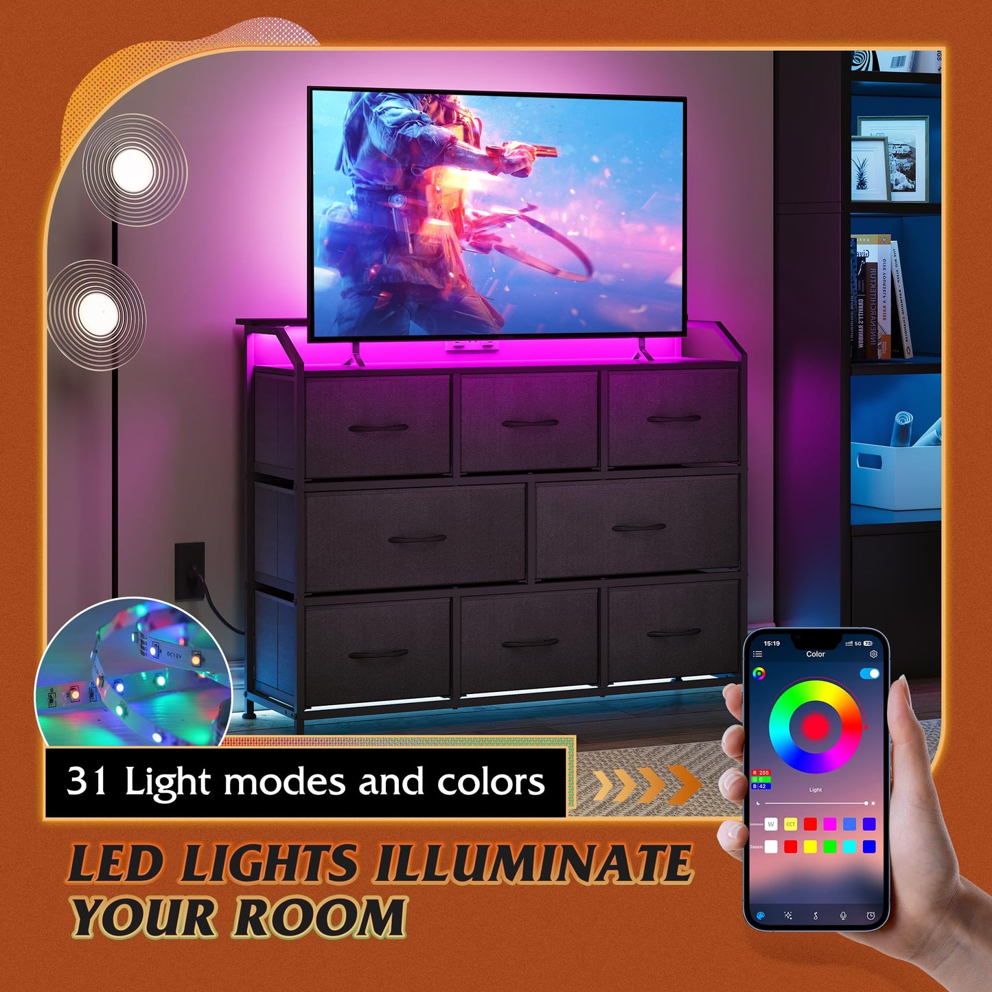 WLIVE Led Dresser for Bedroom, Black Dresser TV Stand for Bedroom with LED Lights and Power Outlet, Wide Chest of Drawers for Hallway, 8 Fabric Drawers for Living Room and Entryway, Easy to Assemble