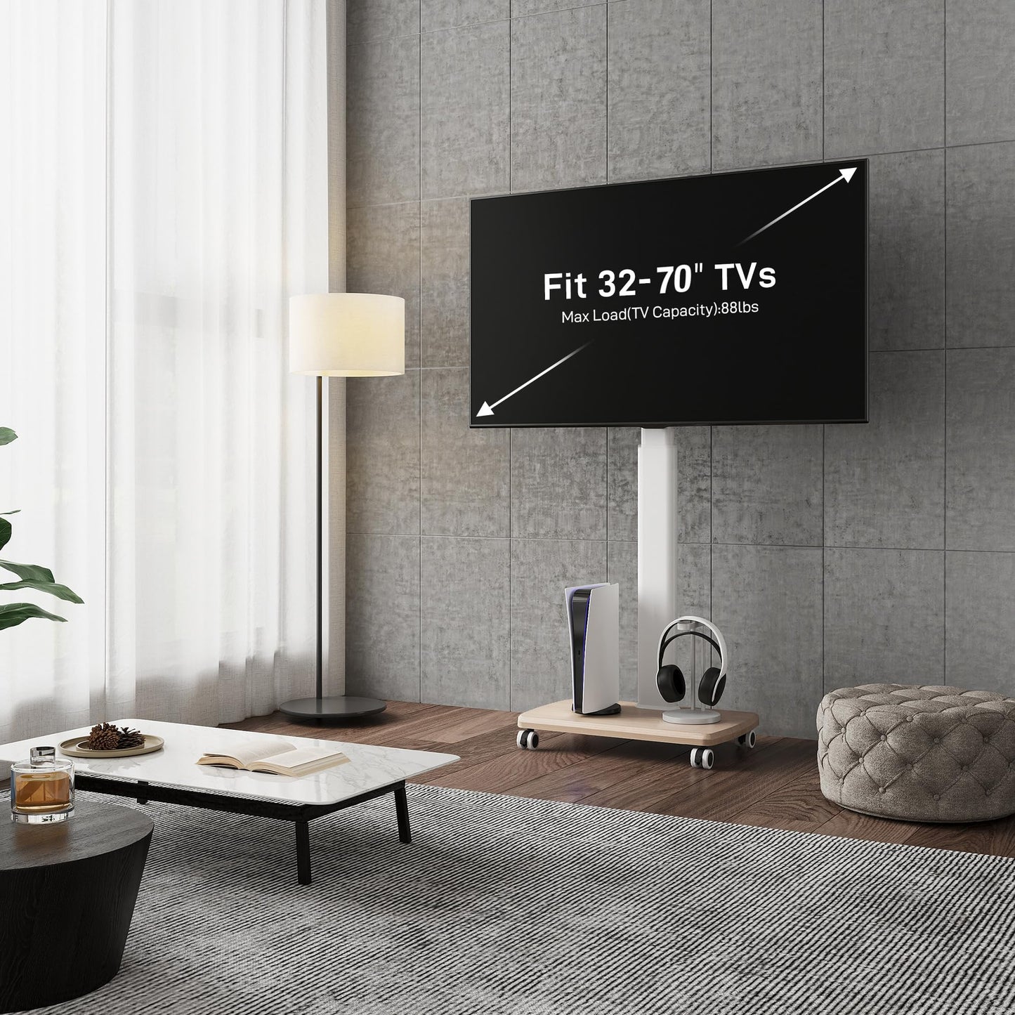 FITUEYES Rolling TV Stand for 32 to 65 70 Inch TVs, Portable Mobile TV Cart on Wheels, Tall Universal TV Floor Stands with Swivel Mount, Fit Corner, Bedroom, Living Room, Small Dorm (White)