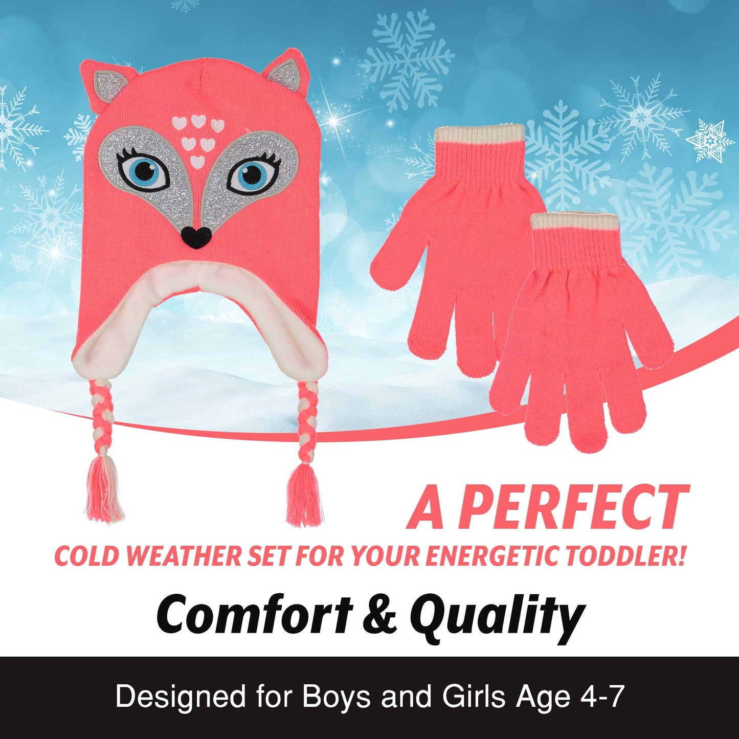 Girls Knitted Animal Beanie Winter Hat and Glove Set [4015] (Fox Hat)