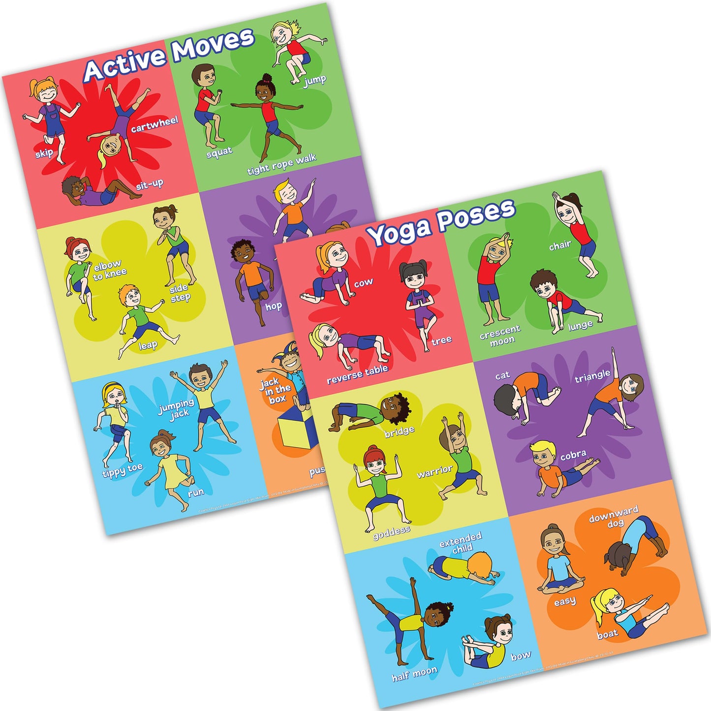 Covelico Kids Yoga Poses Poster and Exercise PE Posters - Set of 2 x A3 Laminated Physical Therapy Posters. Vibrant Physical Education Classroom Decor and Essential PE Teacher Supplies for PE Class.