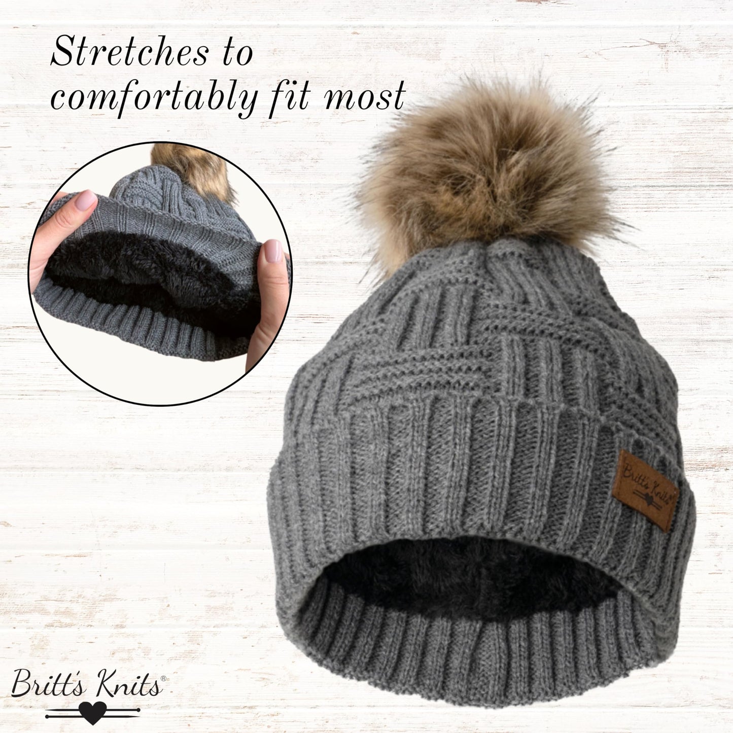 Britt's Knits Women's Plush-Lined Knit Hat with Pom, Charcoal, One Size
