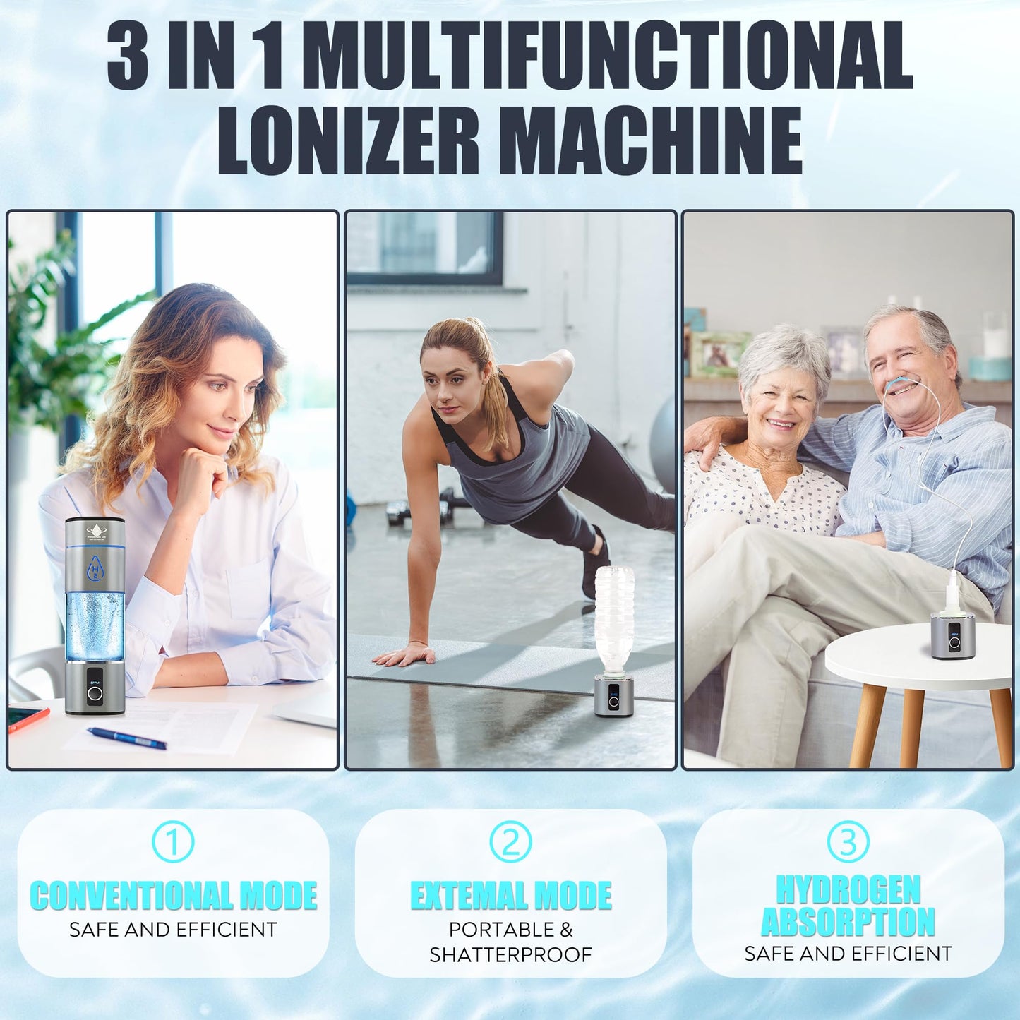 Hydra Pure Life Hydrogen Water Bottle Generator Up to 8000PPB with SPE & PEM, 2 Modes Rechargeable Portable 3-in-1 Multifunctional Hydrogen Water Machine with LED, Perfect for Office, Home, Gym