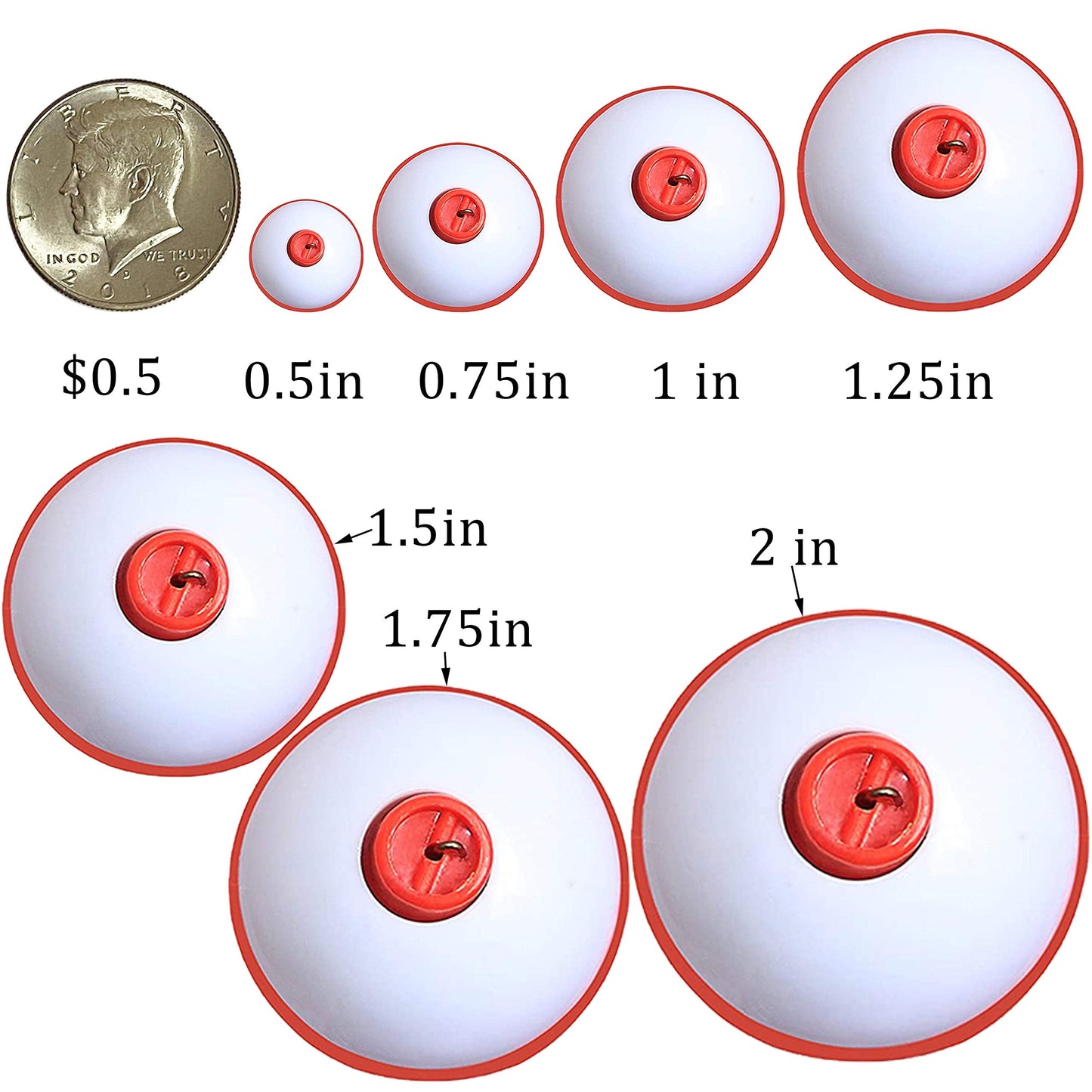 Fishing Bobbers Set Snap Hard ABS on Red/White Fishing Floats Bobbers Push Button Round Buoy Floats Fishing Tackle Accessories Size: 0.5/0.75/1/1.25/1.5/2/2.5 Inch 10pcs-50pcs/lot