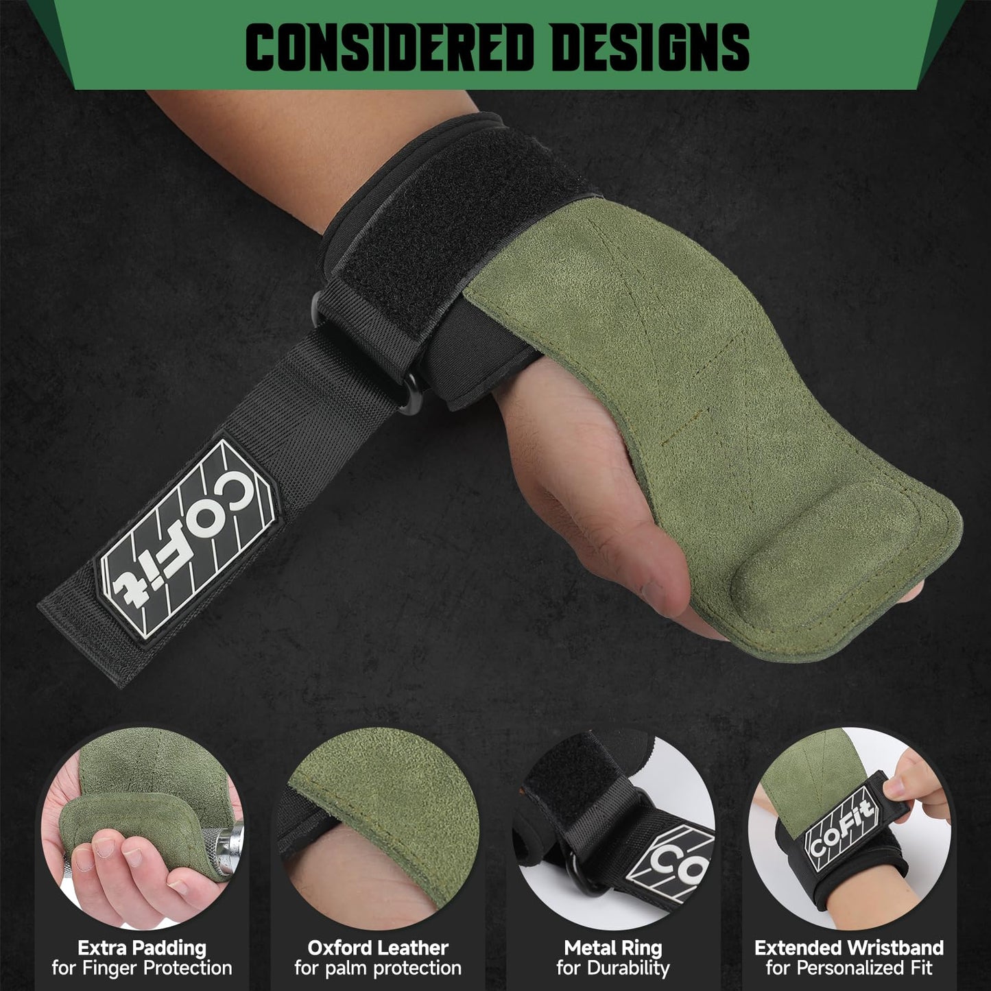 COFIT Wrist Straps for Weightlifting, Workout Wrist Wraps with Dual-Layer Oxford Leather, Enhanced Grip for Optimal Hand and Wrist Protection, Gym Lifting Straps for Deadlift and Powerlifting - Green