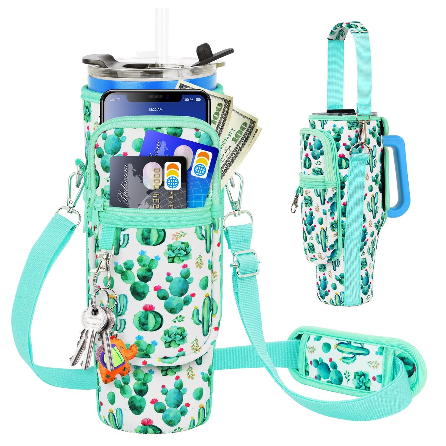 Water Bottle Carrier Bag with Phone Pocket Compatible with Stanley/Meoky 40 oz Tumbler with Handle,Neoprene Water Bottle Holder Pouch with Adjustable Strap Compatible with Stanley Cup Accessories